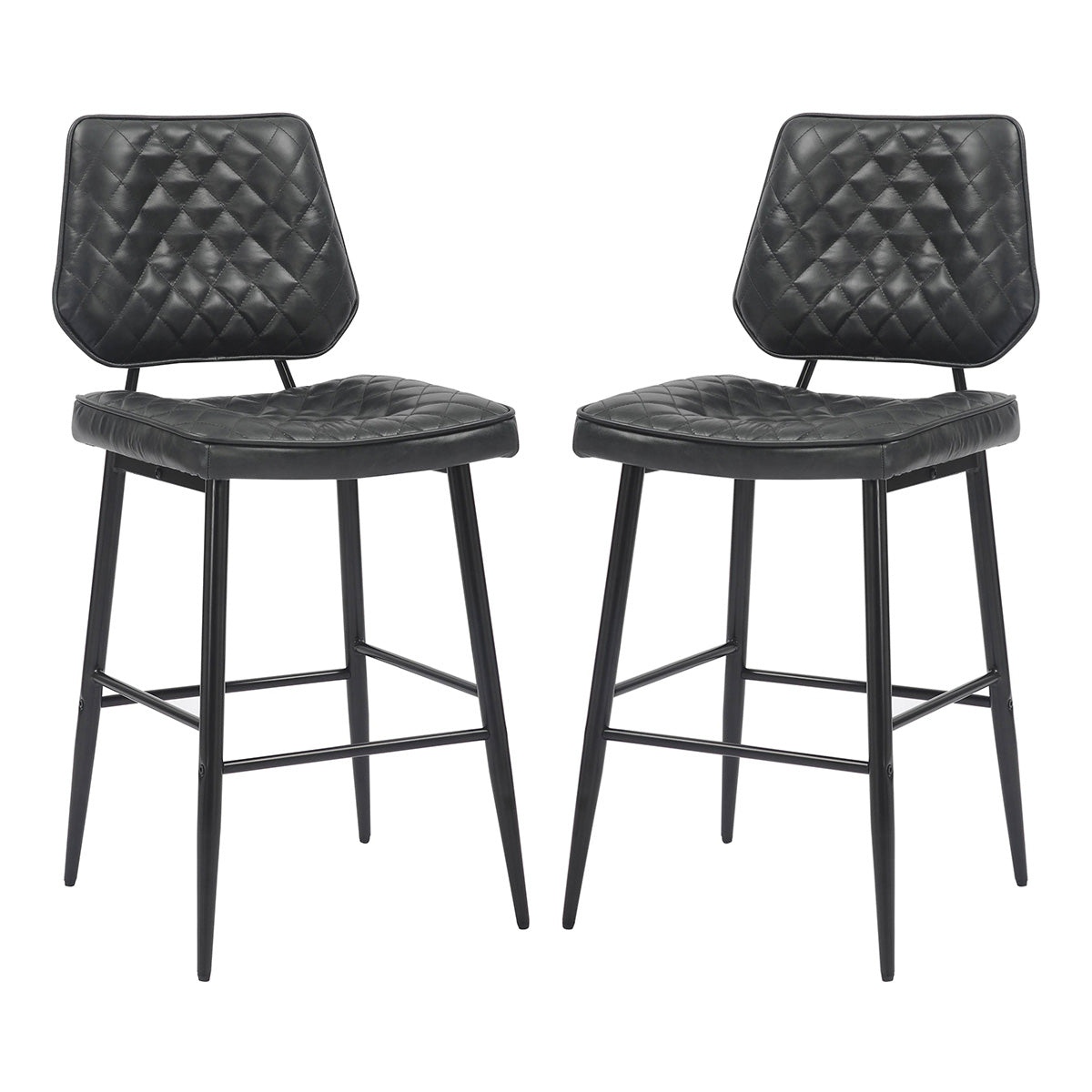 Leather Bar Stools in Set Of 2 With Black Sturdy Metal Frame - Garrick
