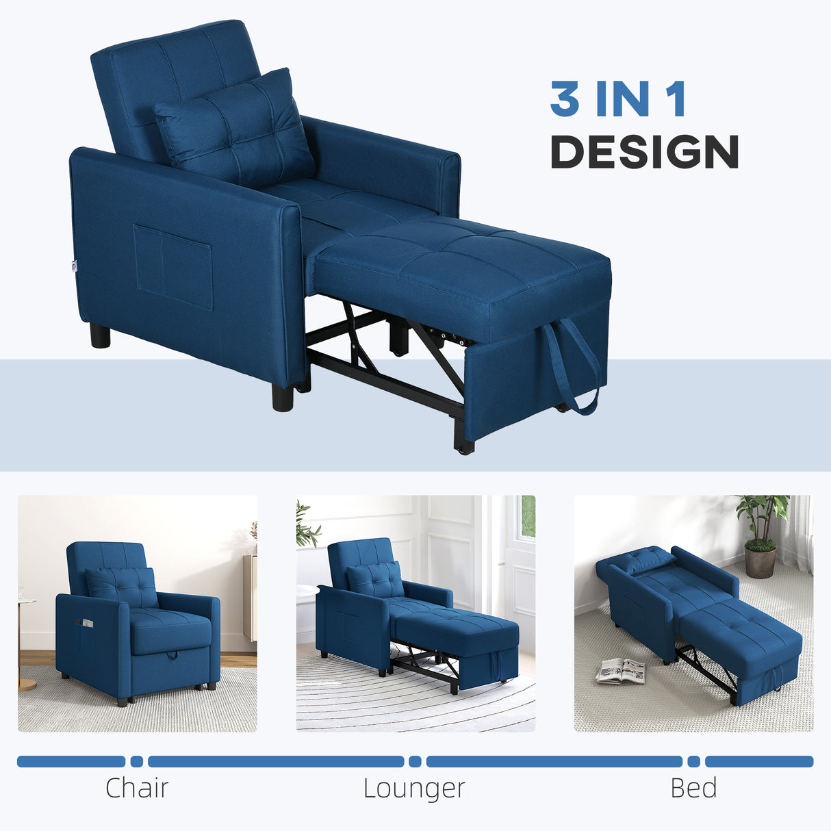 Linen Fabric 1 Seater Sofa Bed 69cm Wide With 1 Pillow - Velmora