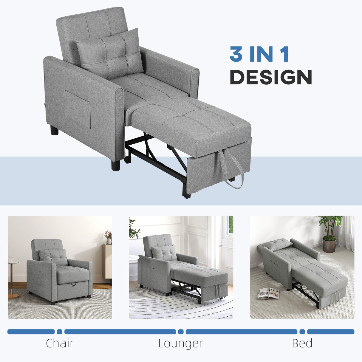 Linen Fabric 1 Seater Sofa Bed 69cm Wide With 1 Pillow - Velmora