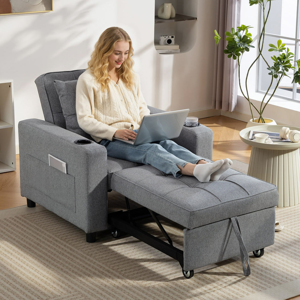 Linen Fabric 1 Seater Sofa Bed 95cm Wide With 1 Pillow - Velmora