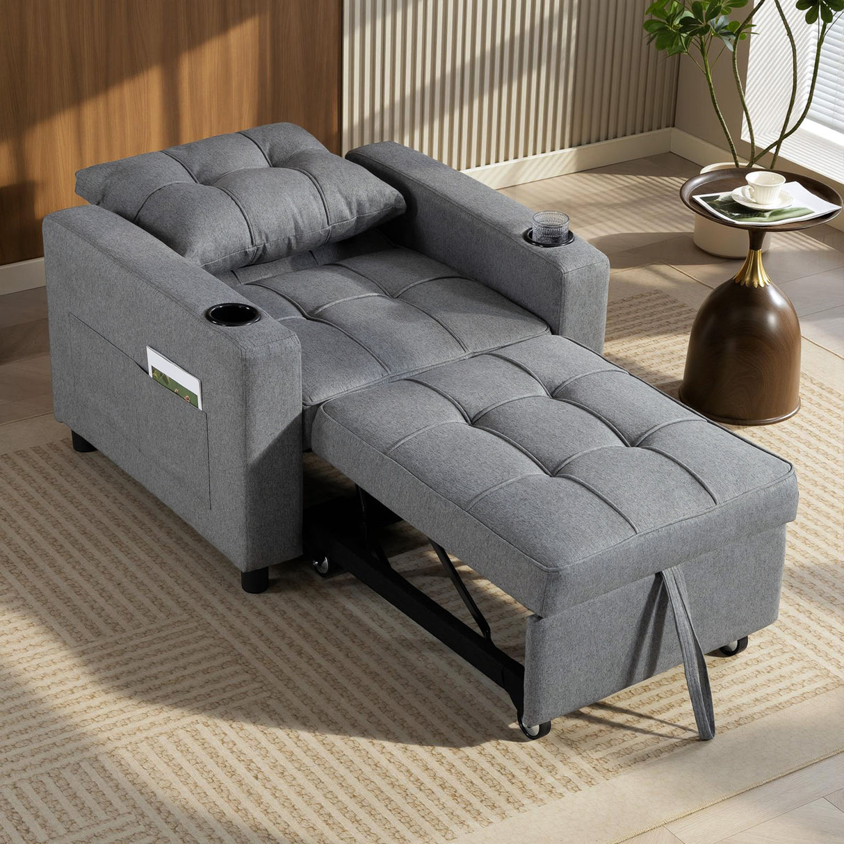 Linen Fabric 1 Seater Sofa Bed 95cm Wide With 1 Pillow - Velmora