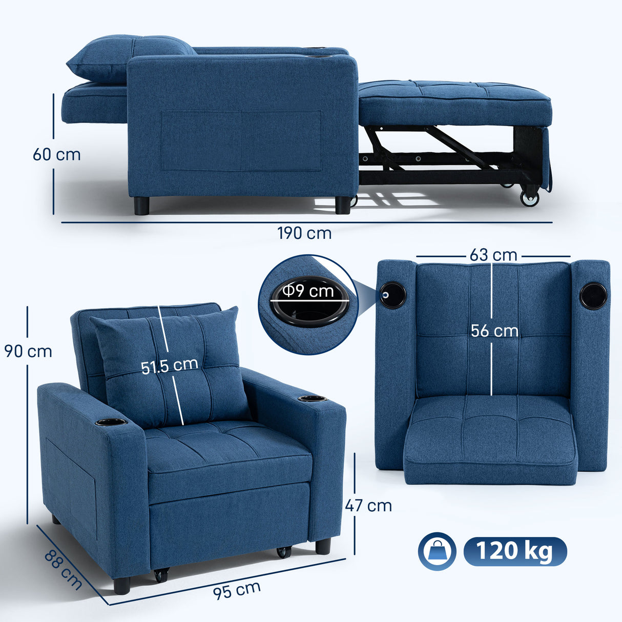 Linen Fabric 1 Seater Sofa Bed 95cm Wide With 1 Pillow - Velmora