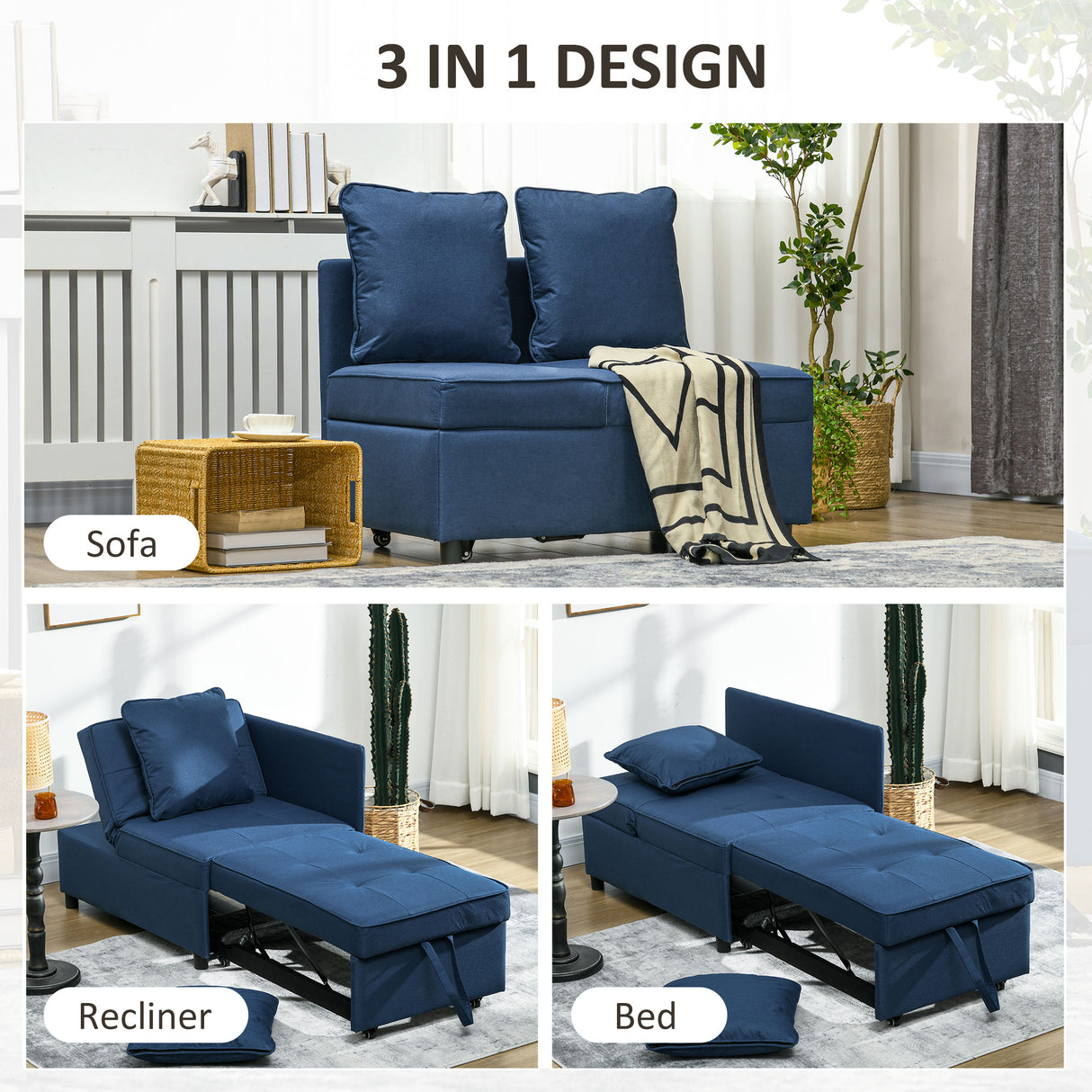 Linen Fabric 1 Seater Sofa Bed 98cm Wide With 2 Pillows - Velmora