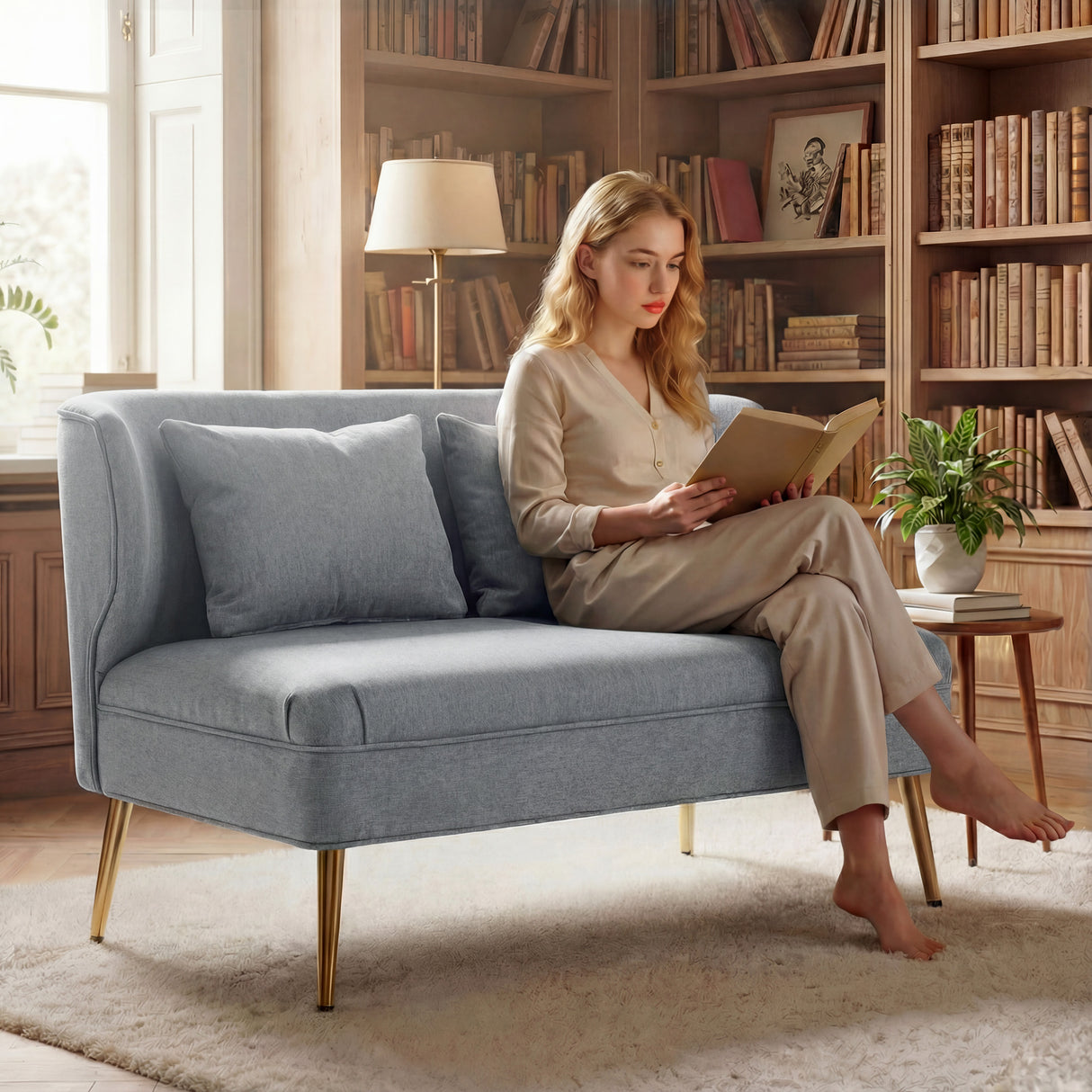 Linen Fabric 2 Seater Sofa 117cm Wide With Metal Legs - Velmora