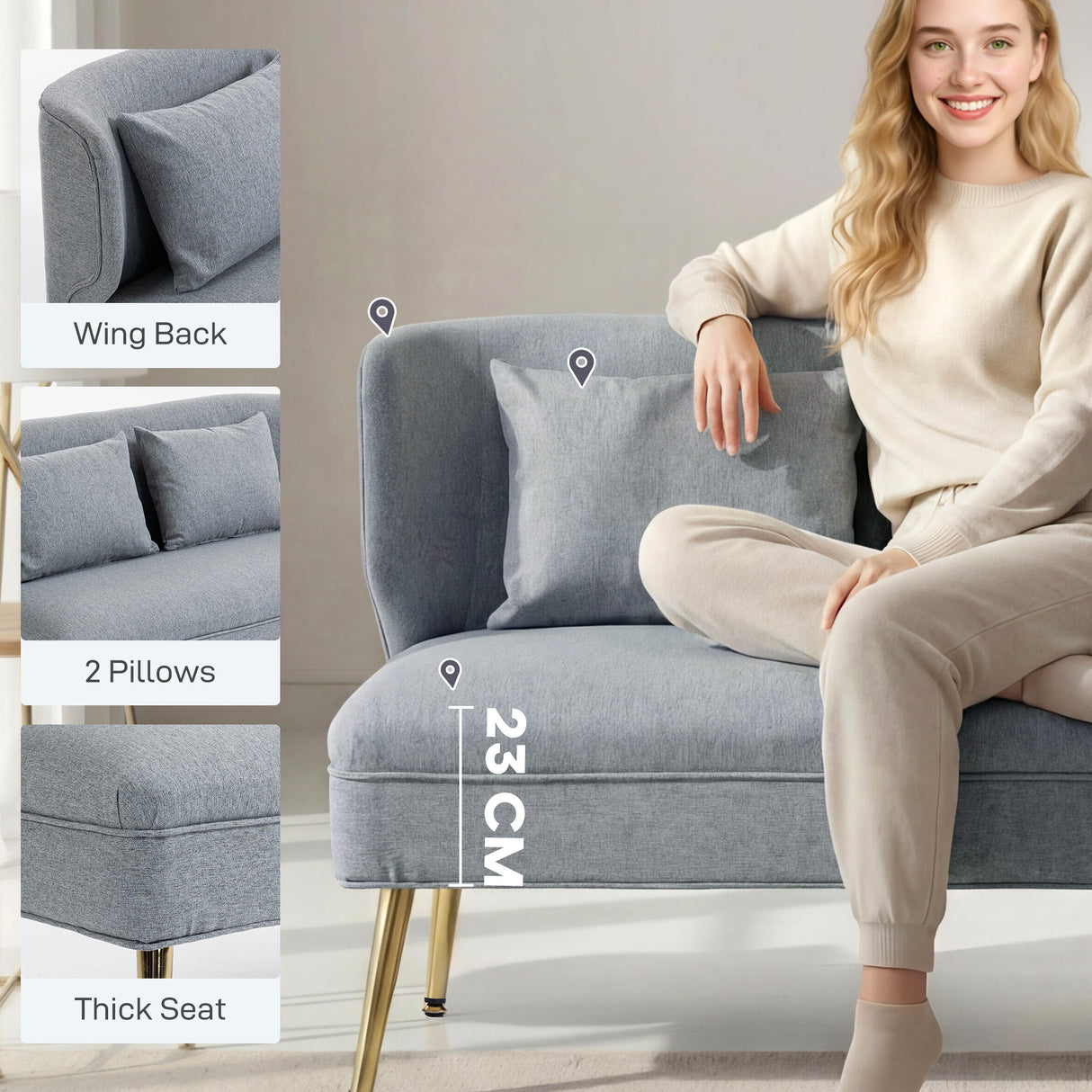 Linen Fabric 2 Seater Sofa 117cm Wide With Metal Legs - Velmora