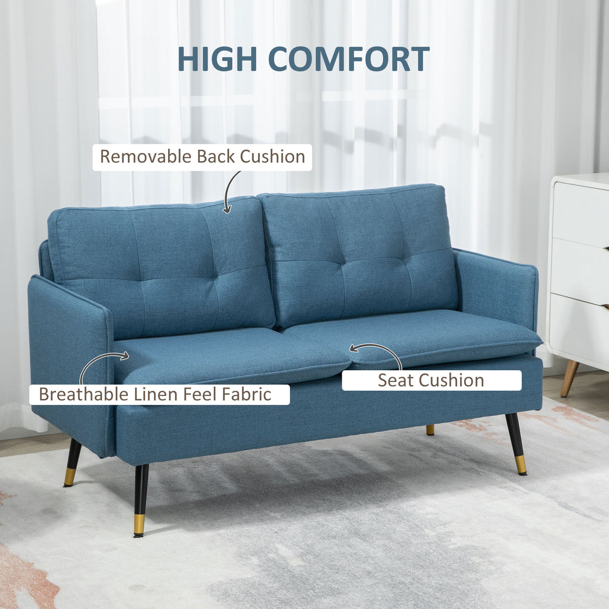 Linen Fabric 2 Seater Sofa 139cm Wide With Steel Legs - Velmora
