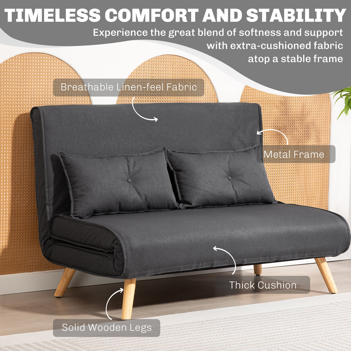 Linen Fabric 2 Seater Sofa Bed 120cm Wide With 2 Pillows - Velmora