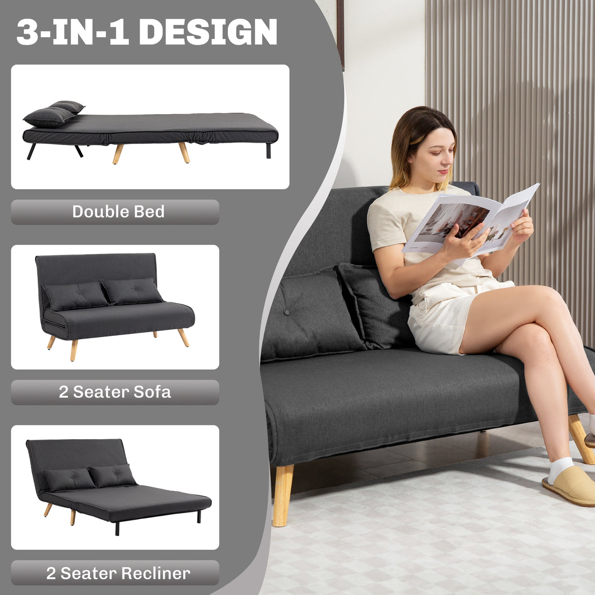 Linen Fabric 2 Seater Sofa Bed 120cm Wide With 2 Pillows - Velmora