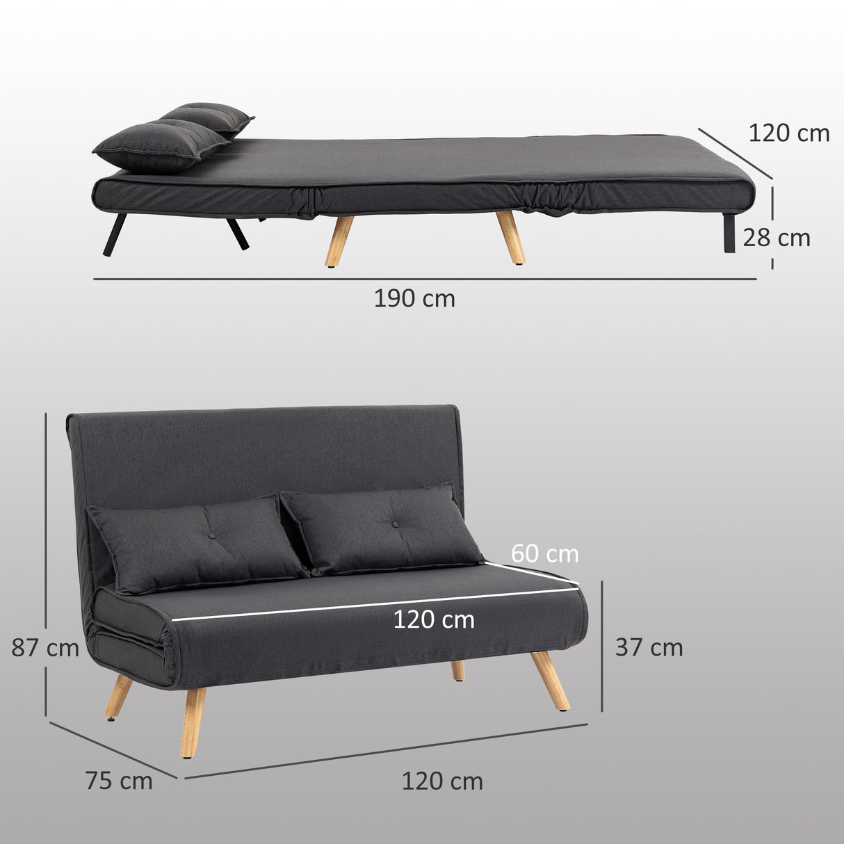 Linen Fabric 2 Seater Sofa Bed 120cm Wide With 2 Pillows - Velmora