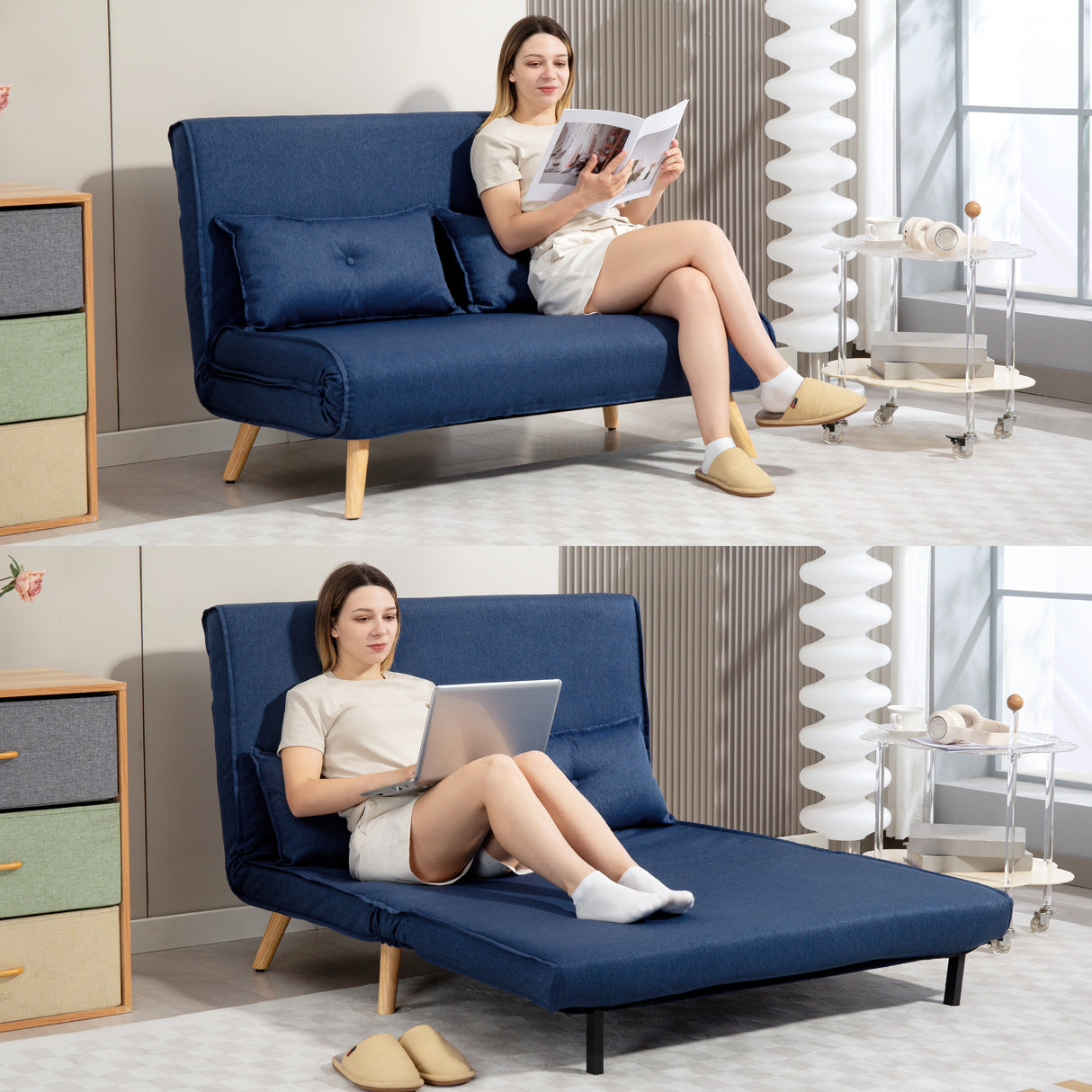 Linen Fabric 2 Seater Sofa Bed 120cm Wide With 2 Pillows - Velmora