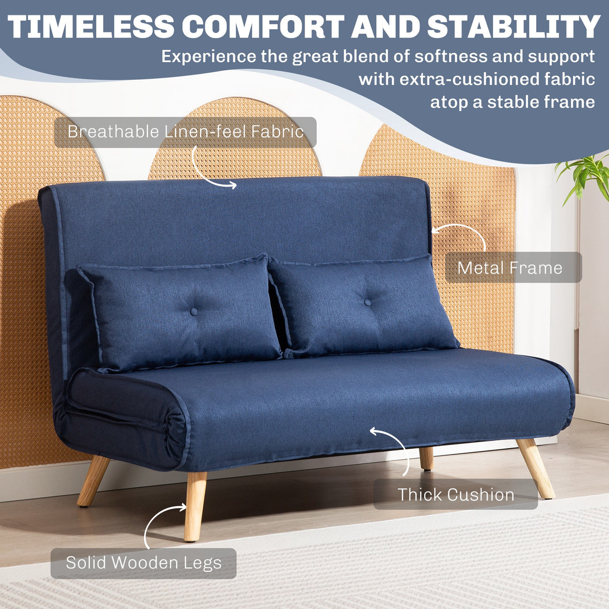 Linen Fabric 2 Seater Sofa Bed 120cm Wide With 2 Pillows - Velmora