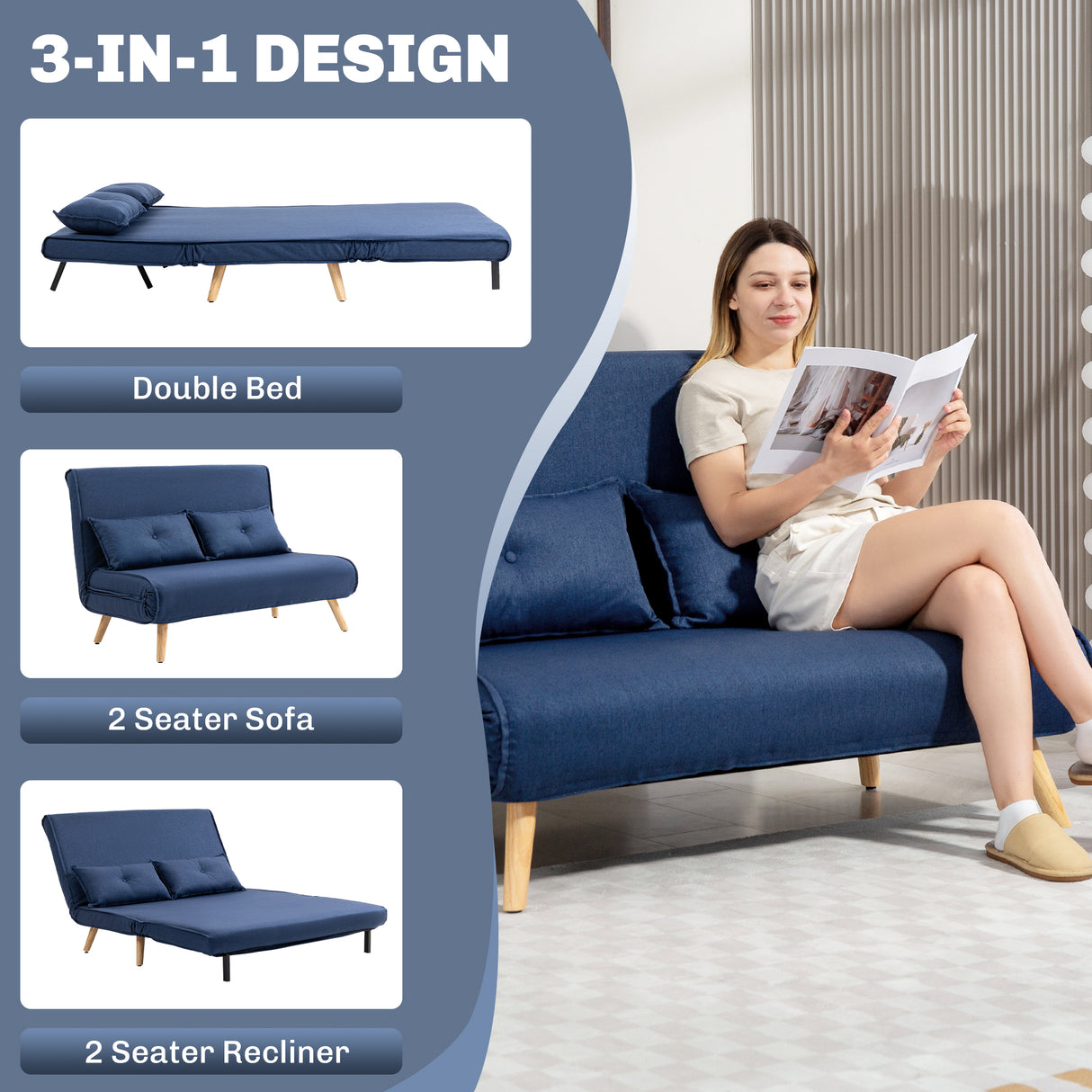 Linen Fabric 2 Seater Sofa Bed 120cm Wide With 2 Pillows - Velmora