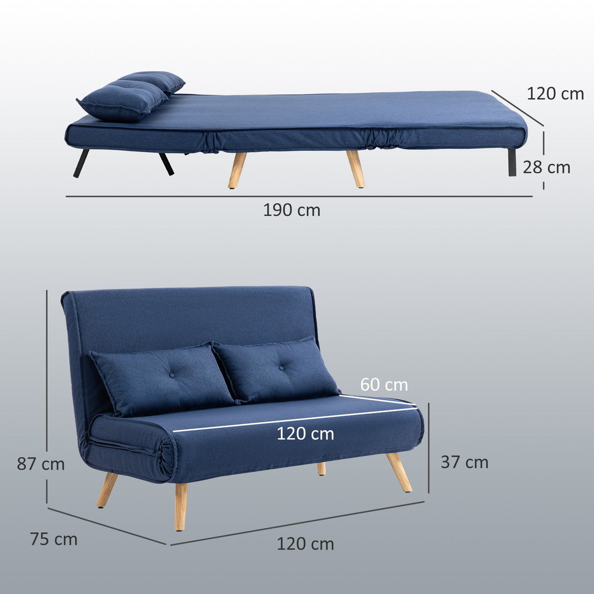 Linen Fabric 2 Seater Sofa Bed 120cm Wide With 2 Pillows - Velmora