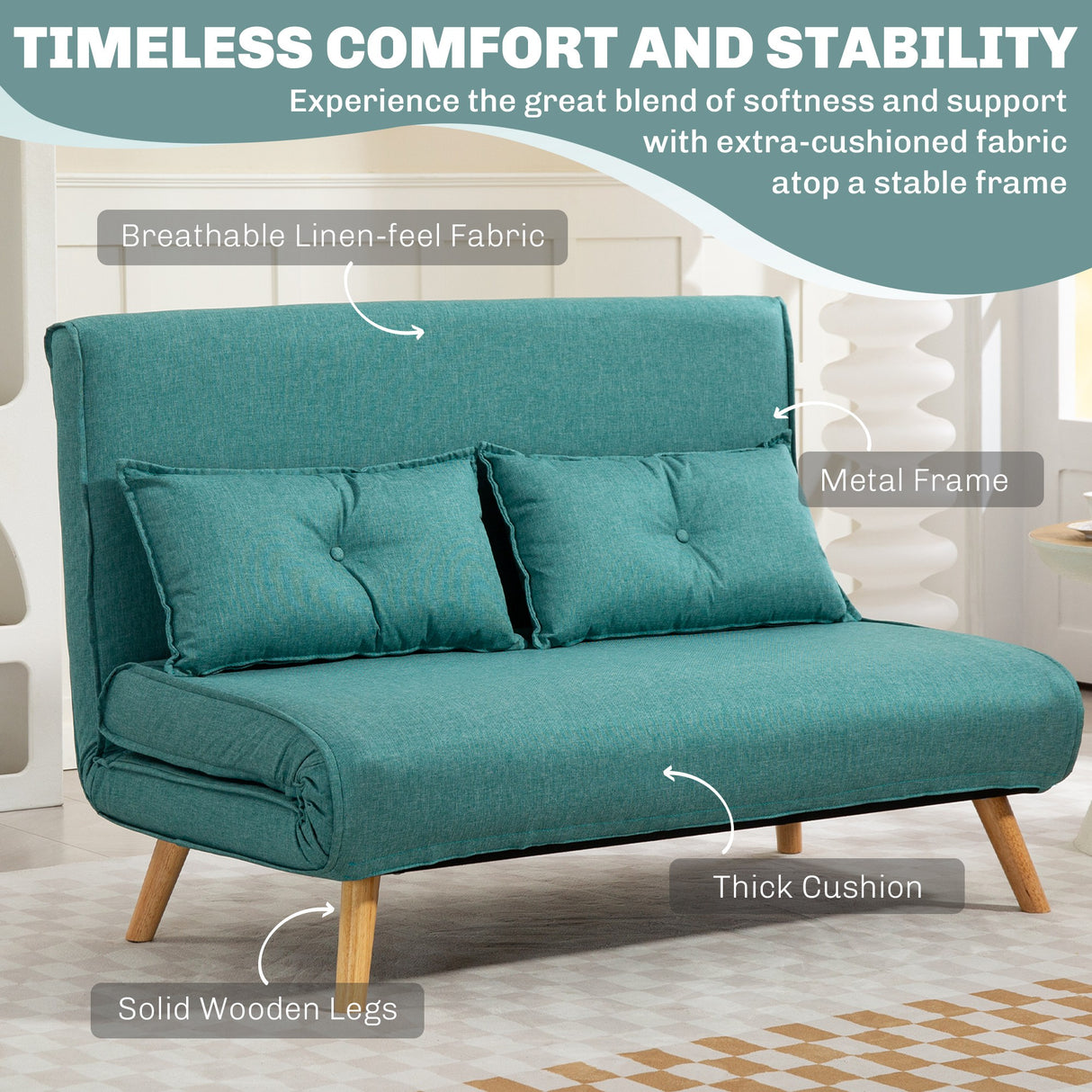 Linen Fabric 2 Seater Sofa Bed 120cm Wide With 2 Pillows - Velmora