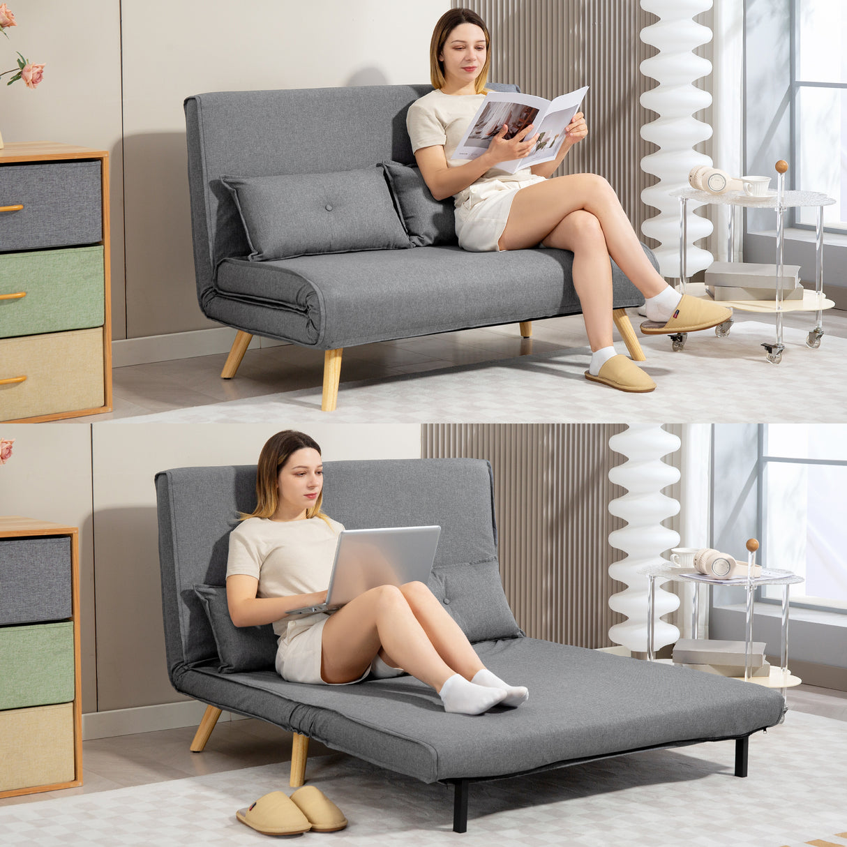 Linen Fabric 2 Seater Sofa Bed 120cm Wide With 2 Pillows - Velmora