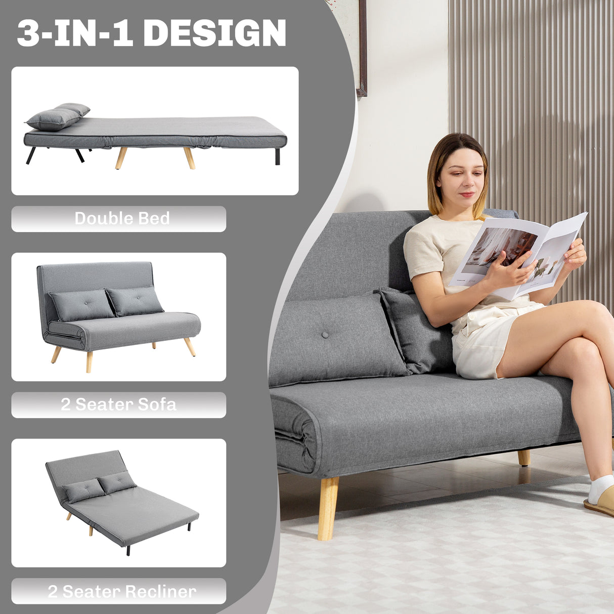 Linen Fabric 2 Seater Sofa Bed 120cm Wide With 2 Pillows - Velmora