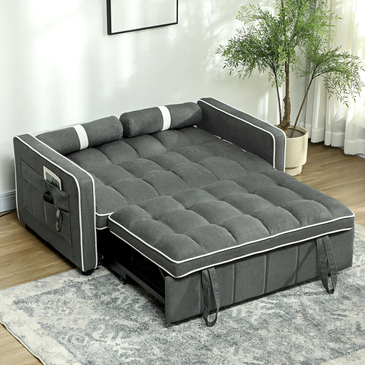 Linen Fabric 2 Seater Sofa Bed 138.5cm Wide With 2 Pillows - Velmora