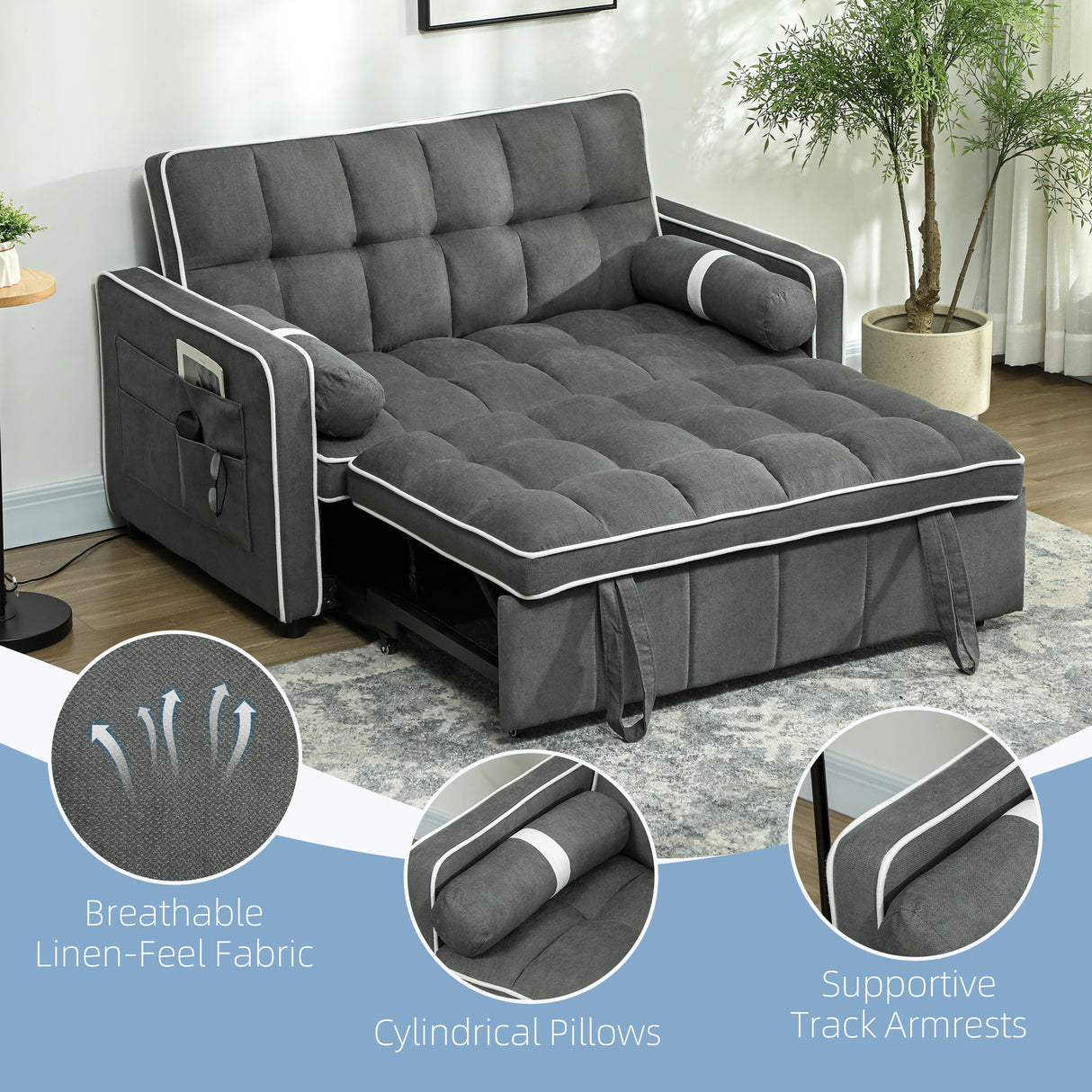 Linen Fabric 2 Seater Sofa Bed 138.5cm Wide With 2 Pillows - Velmora