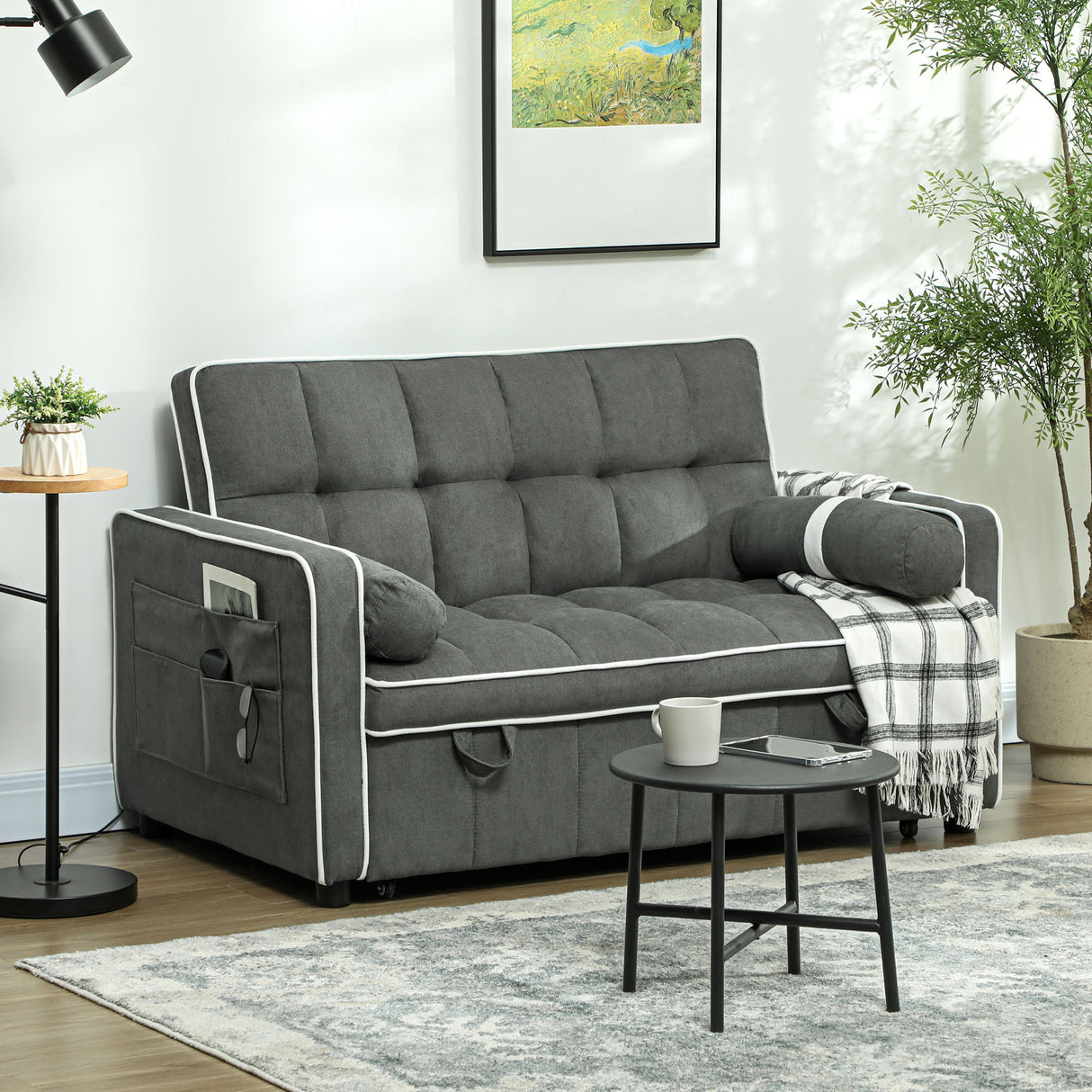 Linen Fabric 2 Seater Sofa Bed 138.5cm Wide With 2 Pillows - Velmora
