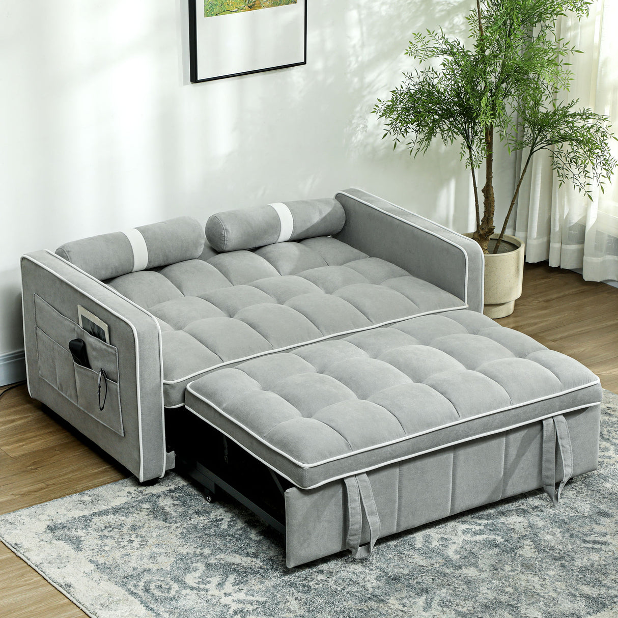 Linen Fabric 2 Seater Sofa Bed 138.5cm Wide With 2 Pillows - Velmora