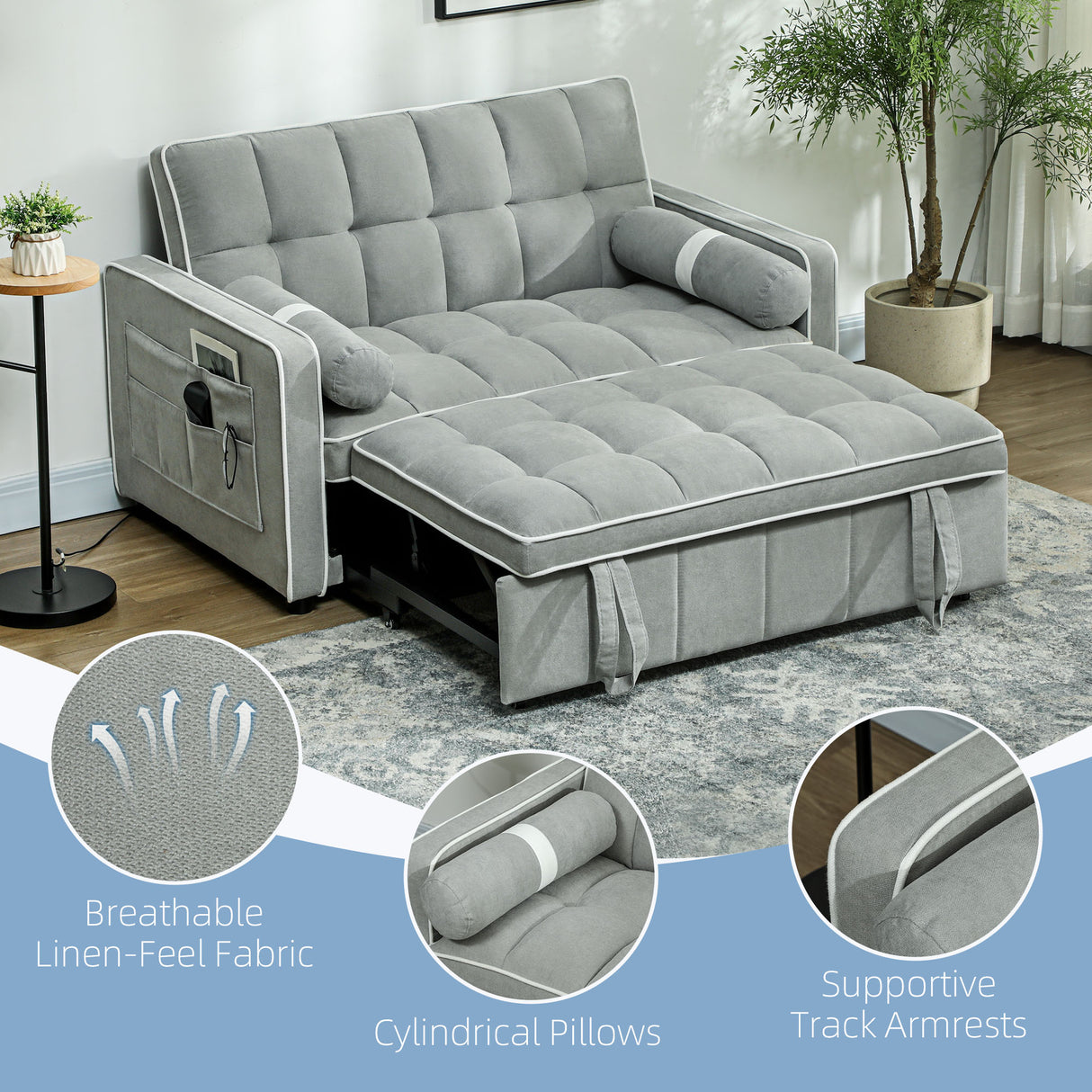 Linen Fabric 2 Seater Sofa Bed 138.5cm Wide With 2 Pillows - Velmora