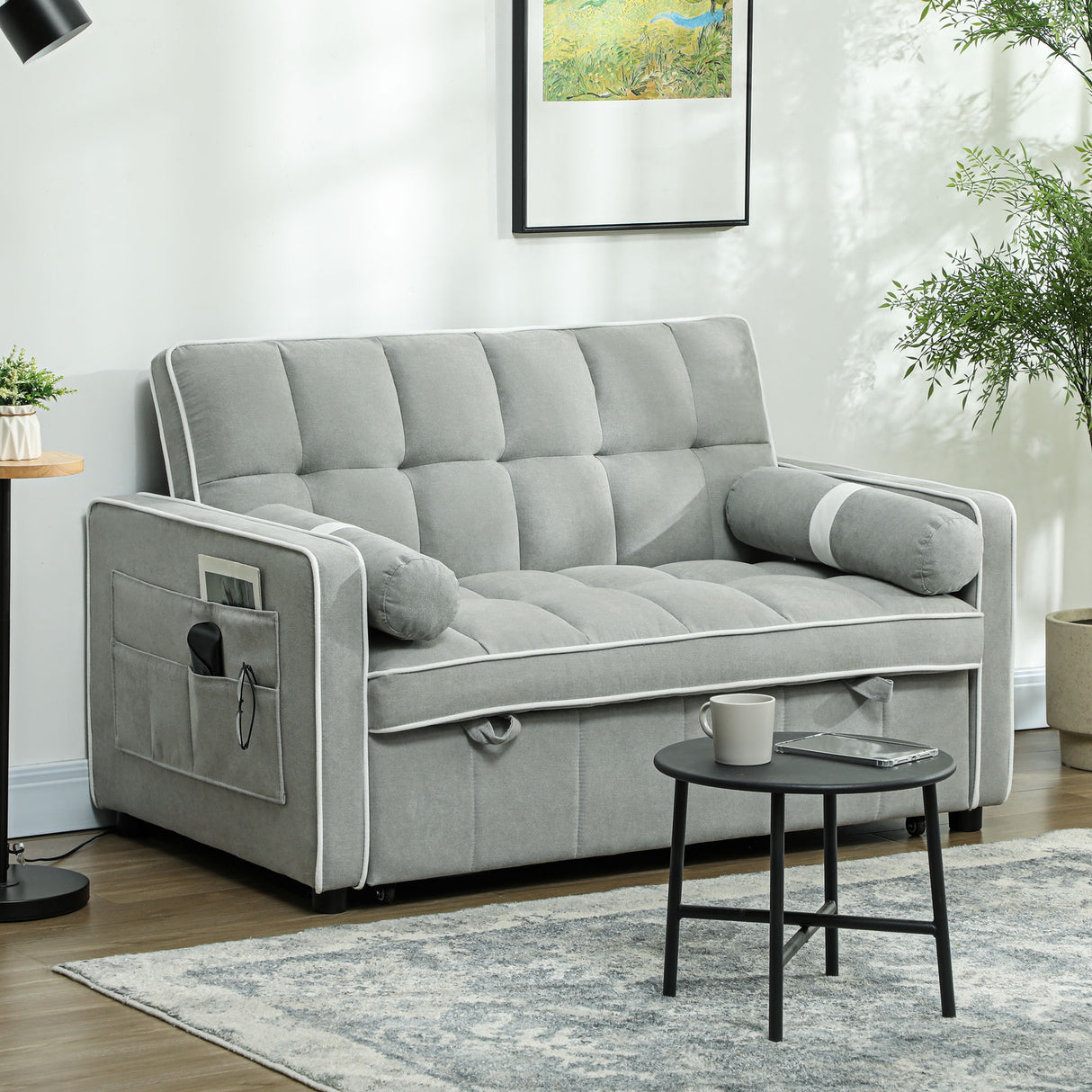 Linen Fabric 2 Seater Sofa Bed 138.5cm Wide With 2 Pillows - Velmora