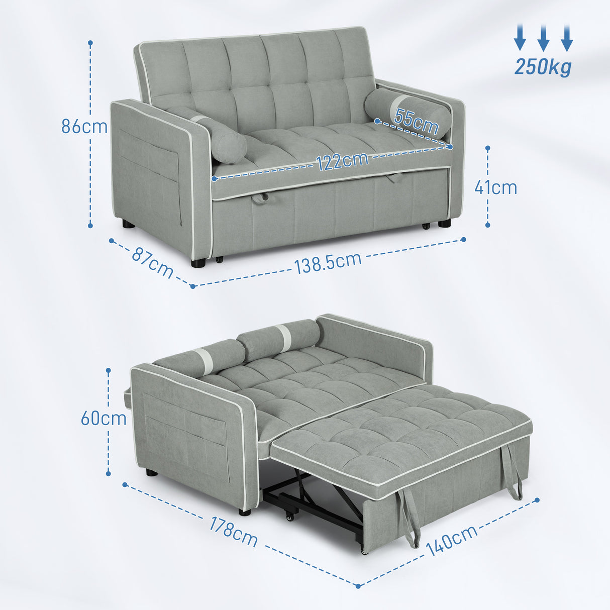 Linen Fabric 2 Seater Sofa Bed 138.5cm Wide With 2 Pillows - Velmora