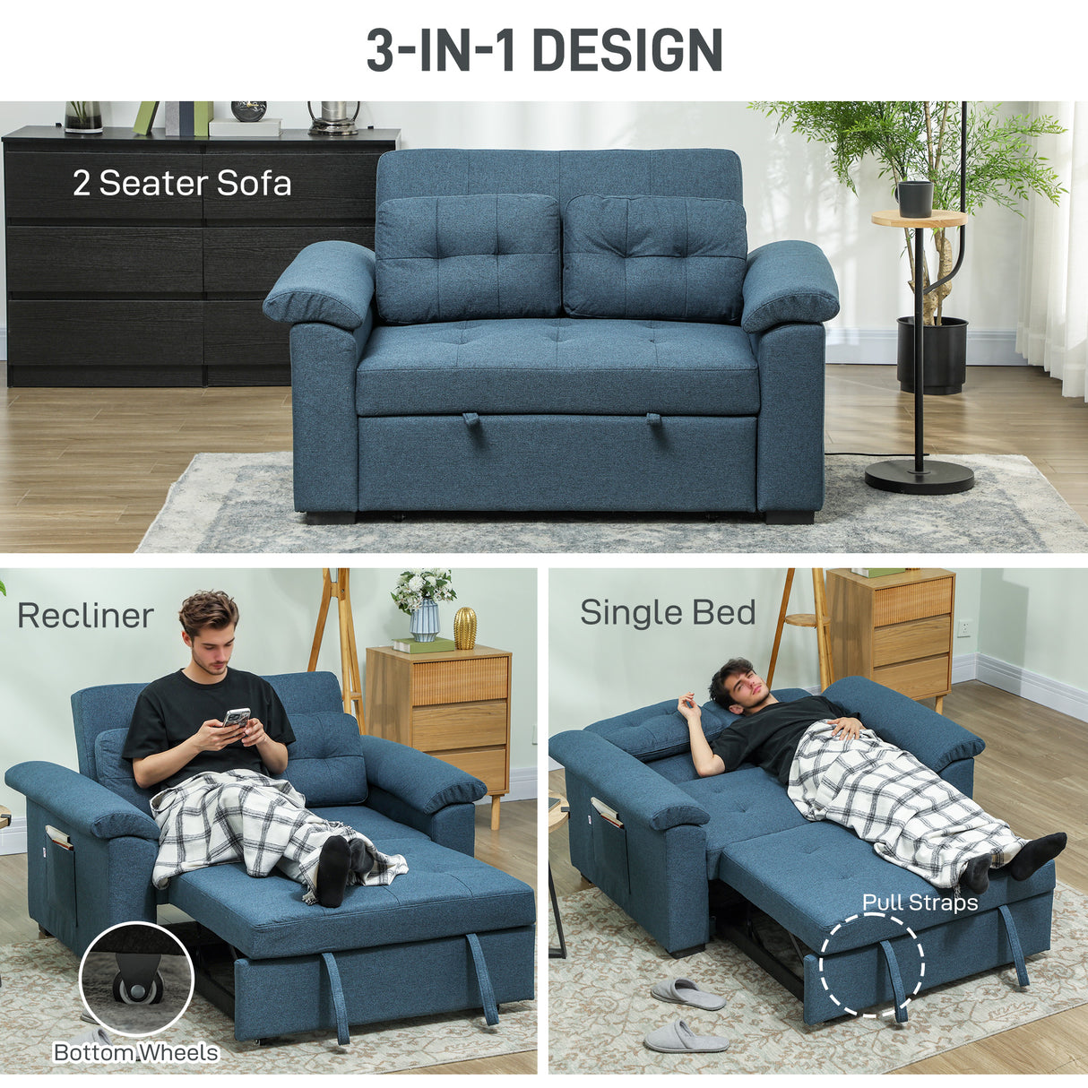 Linen Fabric 2 Seater Sofa Bed 140cm Wide With 2 Pillows - Velmora