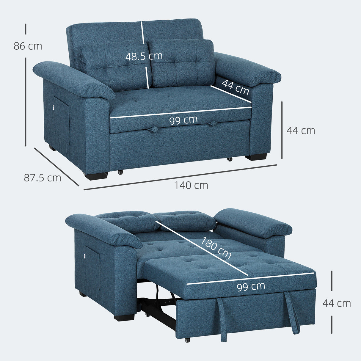 Linen Fabric 2 Seater Sofa Bed 140cm Wide With 2 Pillows - Velmora