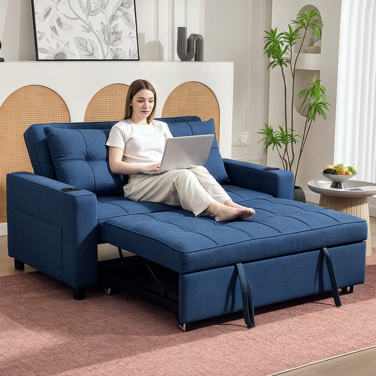 Linen Fabric 2 Seater Sofa Bed 157cm Wide With 2 Pillows - Velmora