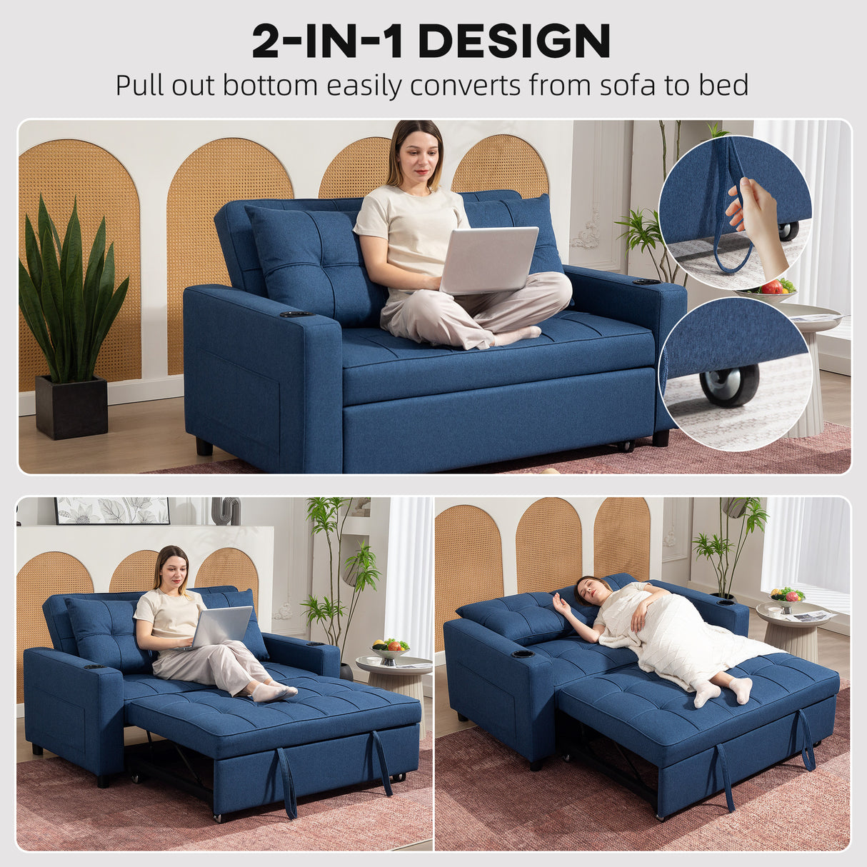 Linen Fabric 2 Seater Sofa Bed 157cm Wide With 2 Pillows - Velmora