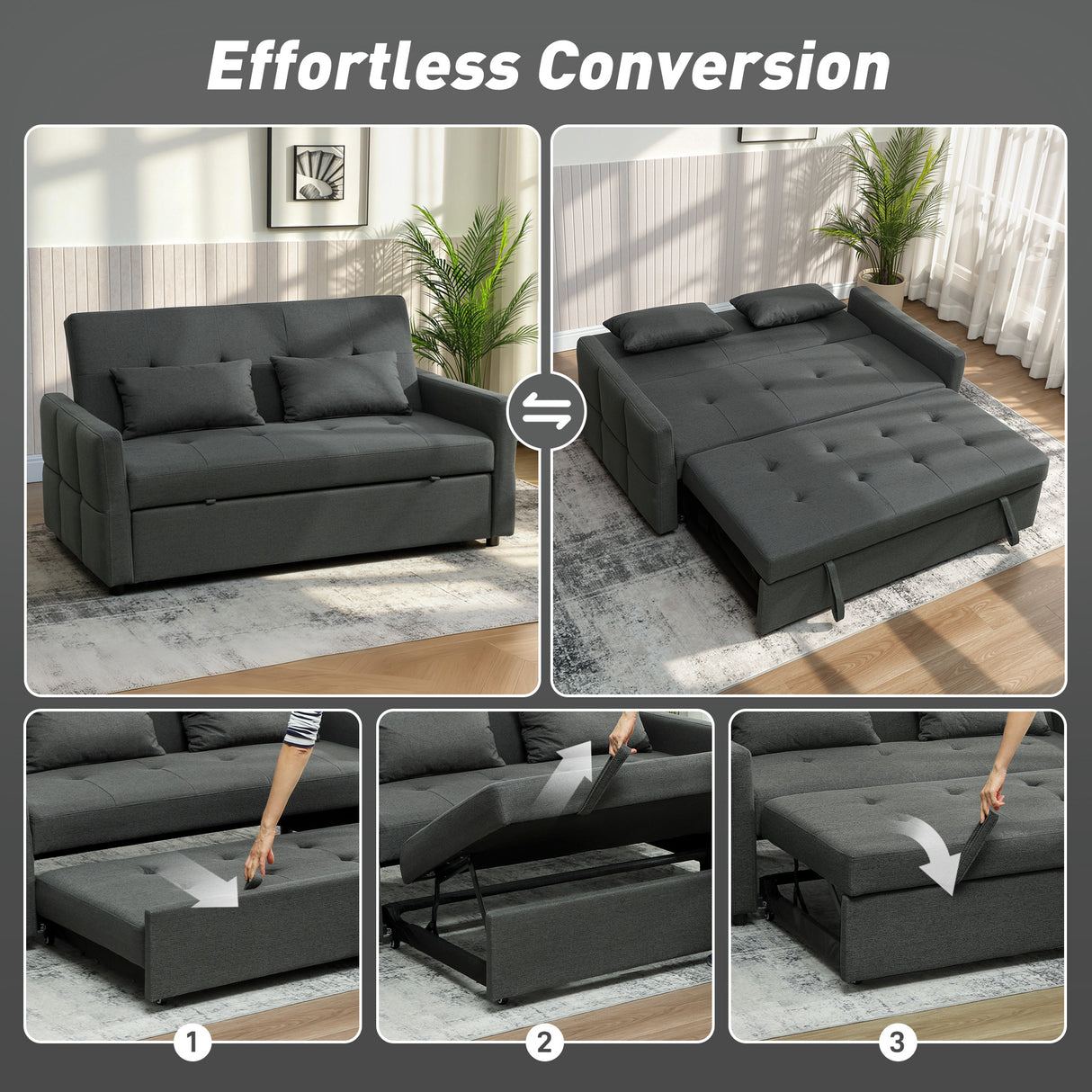 Linen Fabric 2 Seater Sofa Bed 158cm Wide With 2 Pillows - Velmora