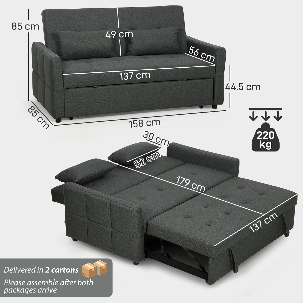 Linen Fabric 2 Seater Sofa Bed 158cm Wide With 2 Pillows - Velmora
