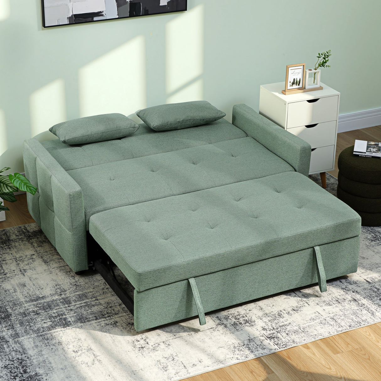Linen Fabric 2 Seater Sofa Bed 158cm Wide With 2 Pillows - Velmora
