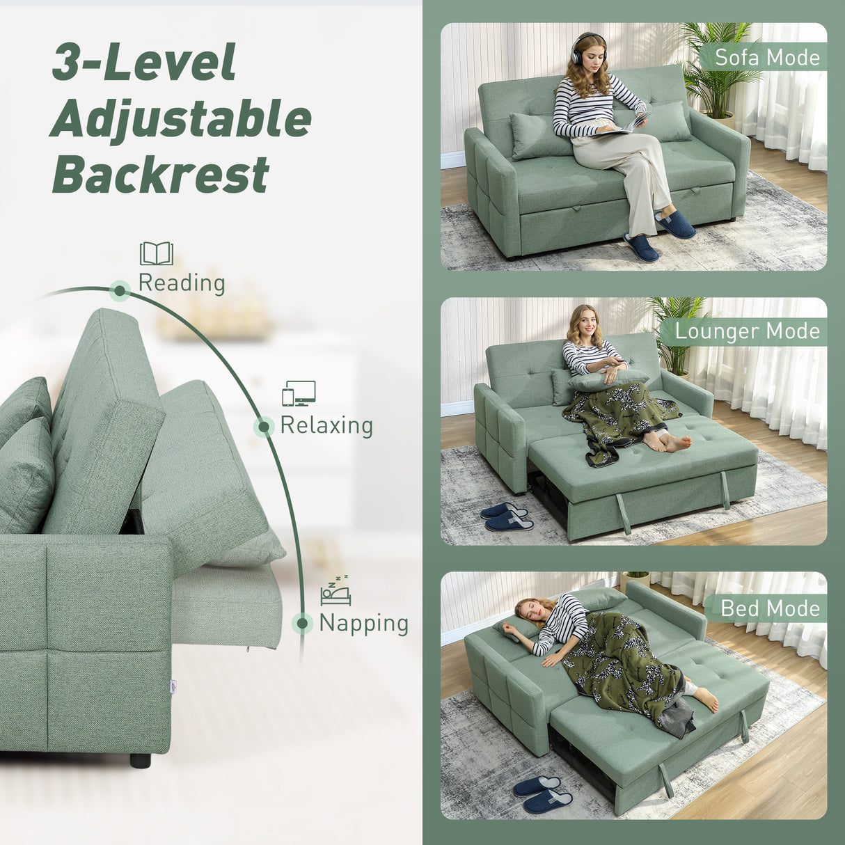 Linen Fabric 2 Seater Sofa Bed 158cm Wide With 2 Pillows - Velmora