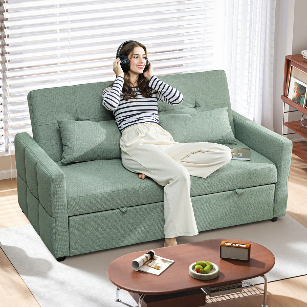 Linen Fabric 2 Seater Sofa Bed 158cm Wide With 2 Pillows - Velmora