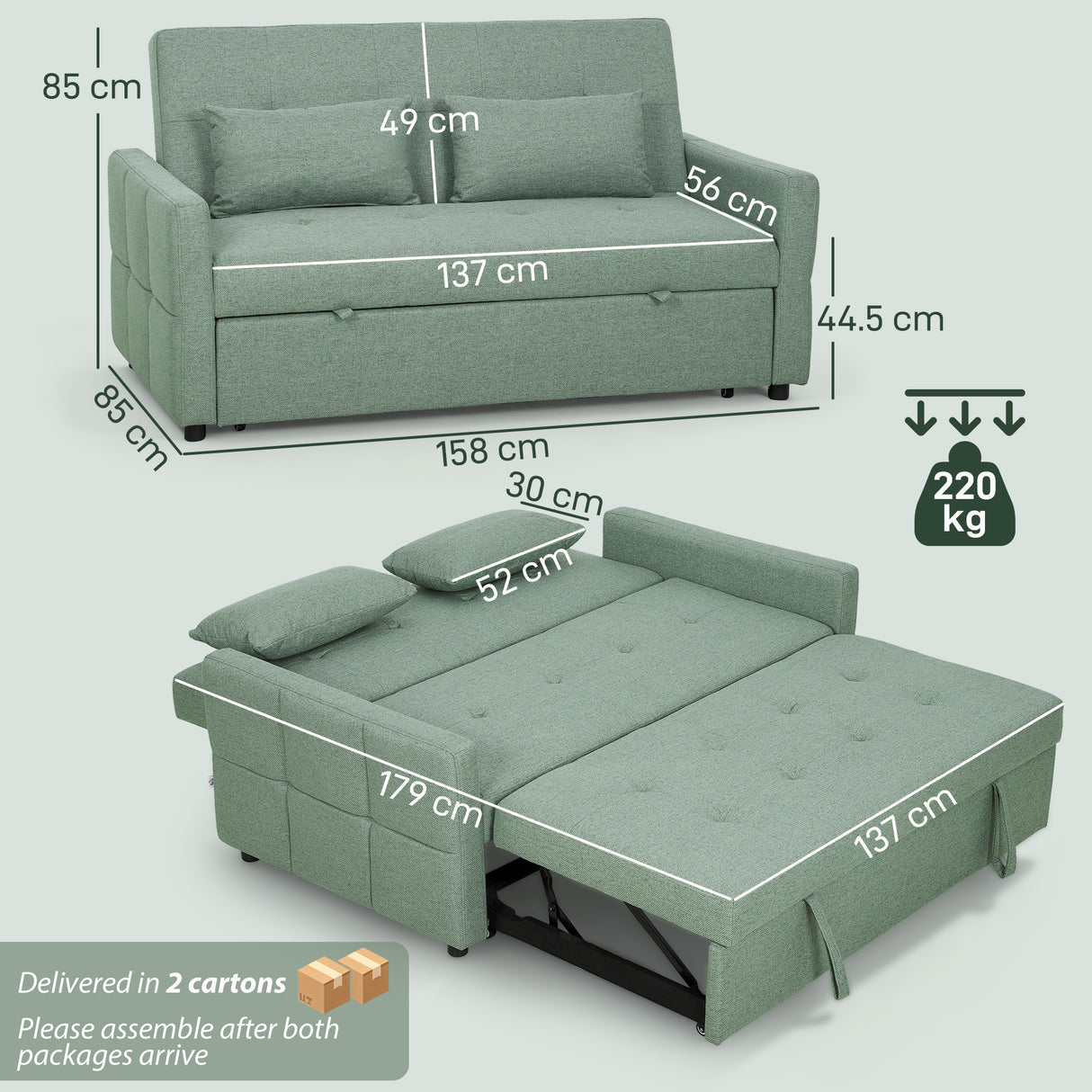 Linen Fabric 2 Seater Sofa Bed 158cm Wide With 2 Pillows - Velmora