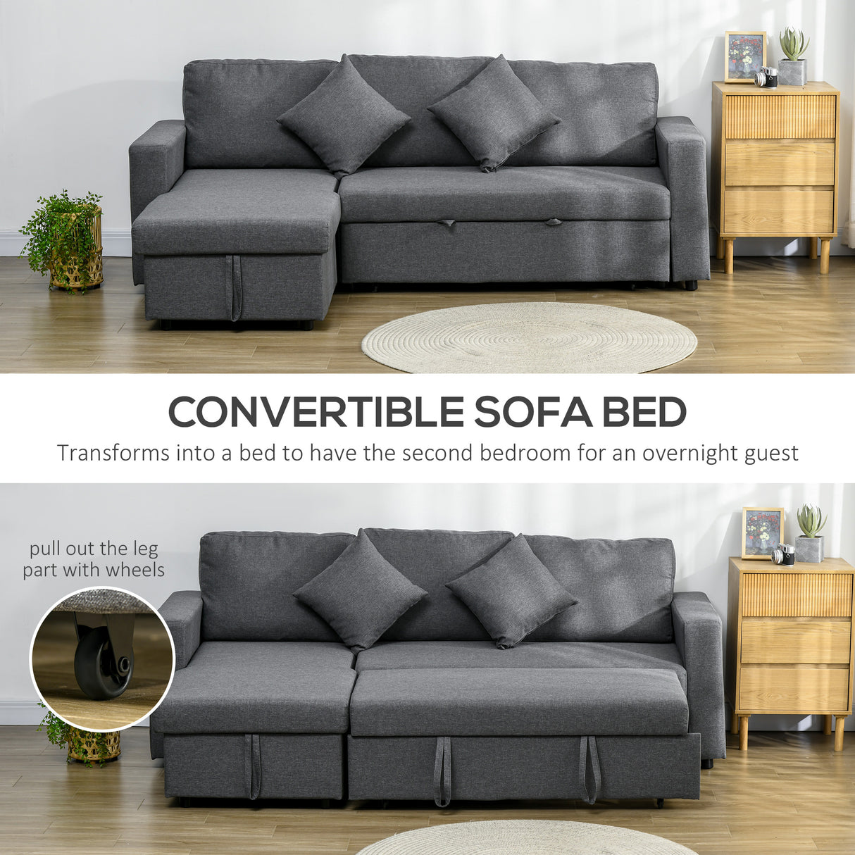 Linen Fabric 2 Seater Sofa Bed 229cm Wide With Storage And 2 Pillows - Velmora
