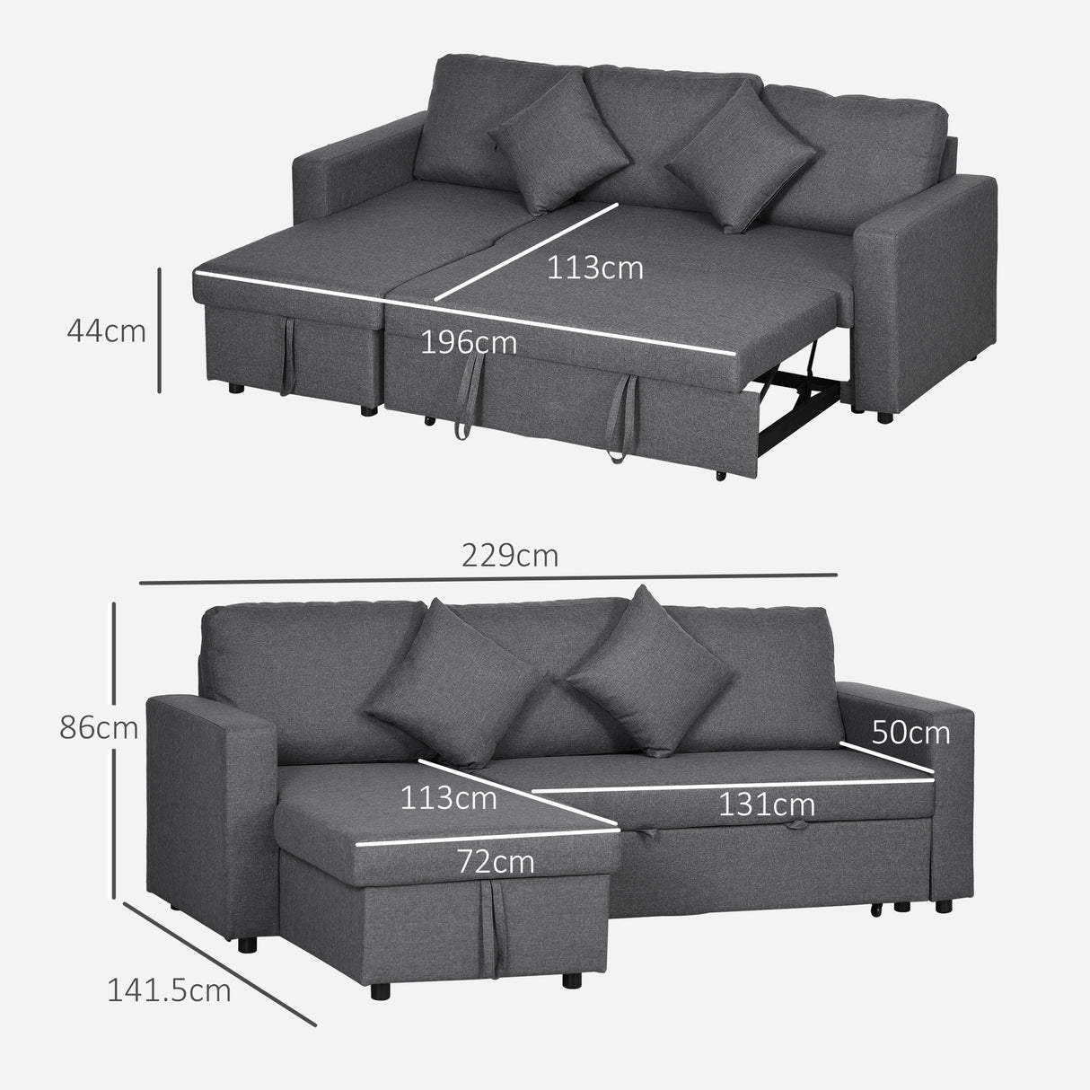 Linen Fabric 2 Seater Sofa Bed 229cm Wide With Storage And 2 Pillows - Velmora