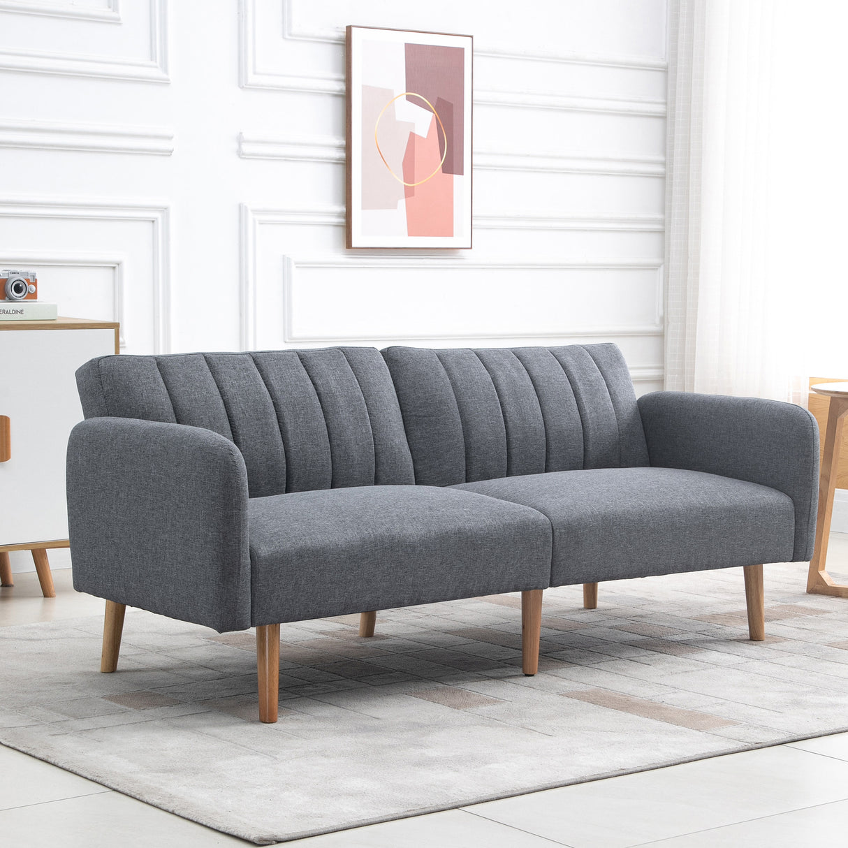 Linen Fabric 3 Seater Sofa Bed 173cm Wide With Wooden Legs - Velmora