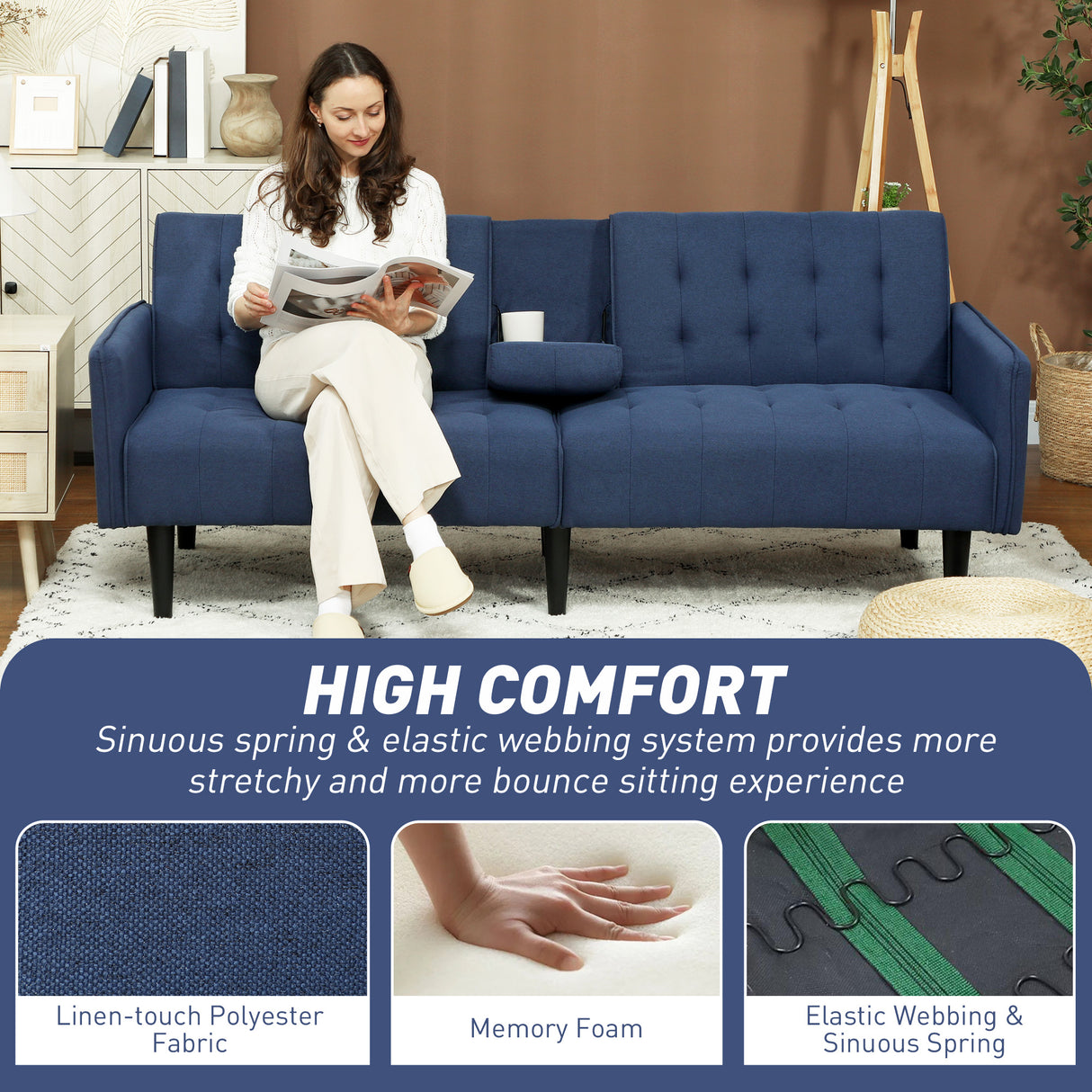 Linen Fabric 3 Seater Sofa Bed 189cm Wide With Wooden Legs - Velmora