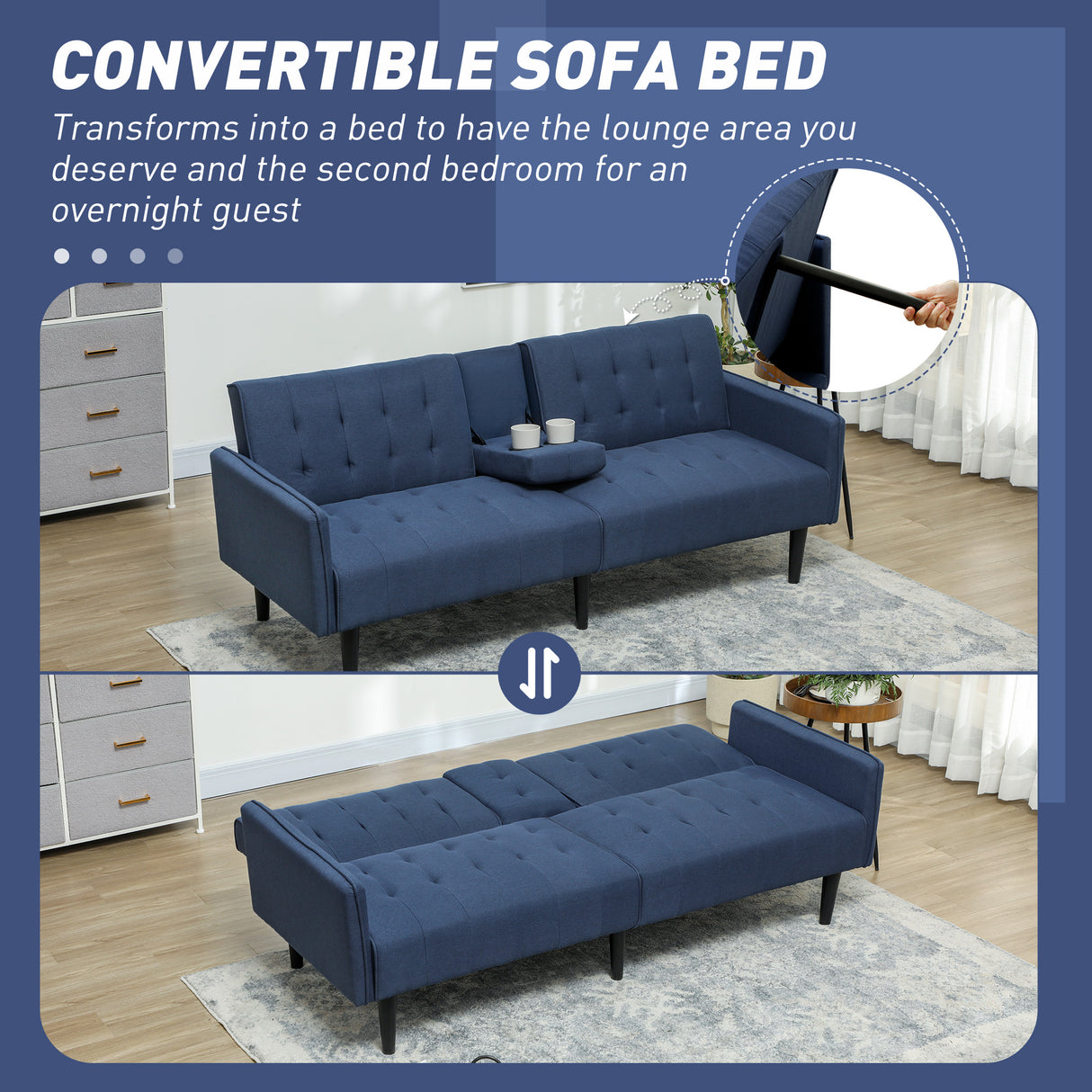 Linen Fabric 3 Seater Sofa Bed 189cm Wide With Wooden Legs - Velmora