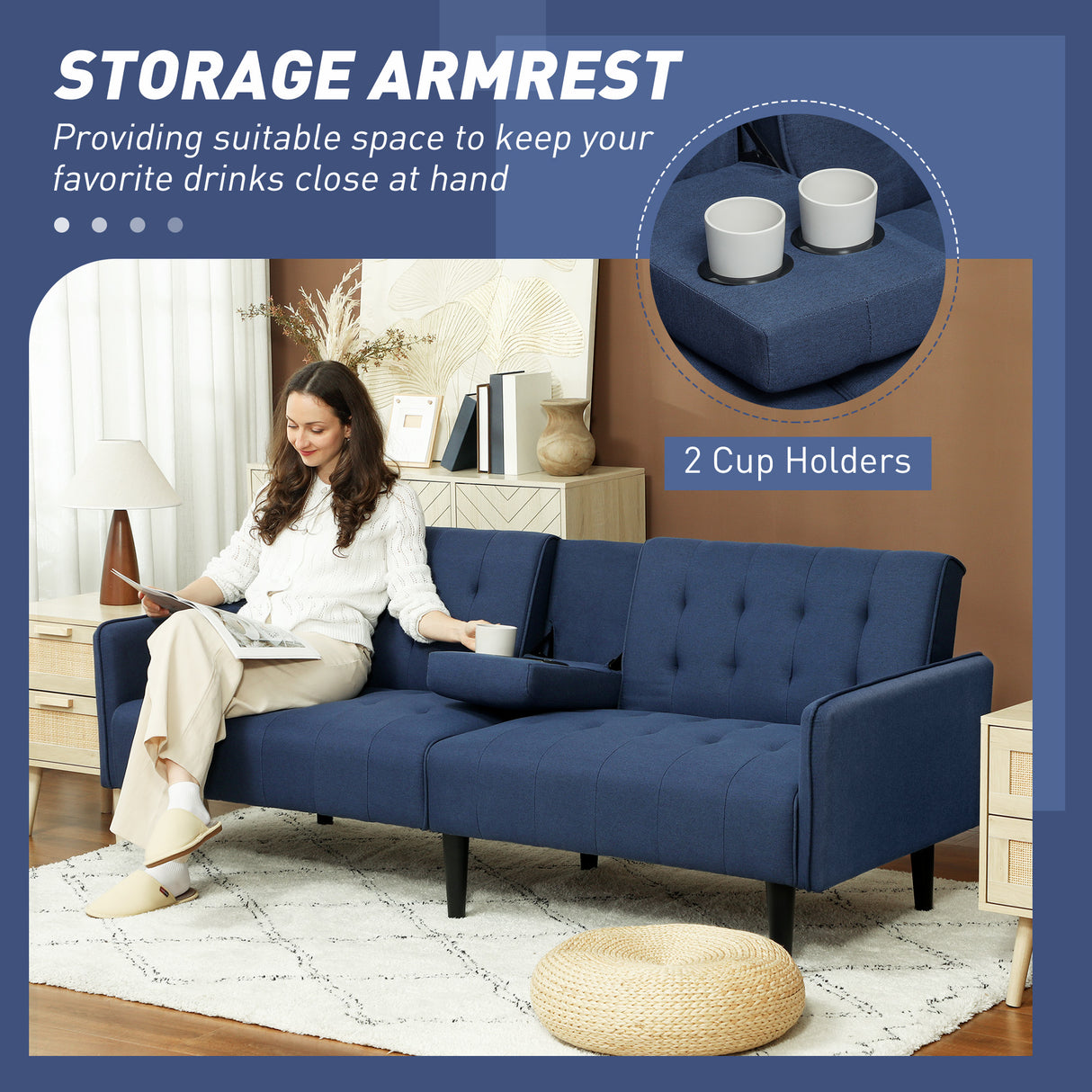 Linen Fabric 3 Seater Sofa Bed 189cm Wide With Wooden Legs - Velmora
