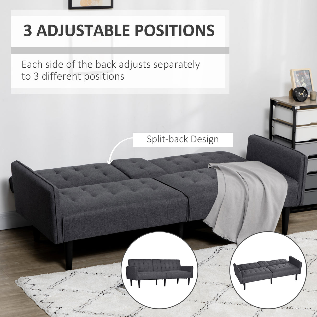 Linen Fabric 3 Seater Sofa Bed 189cm Wide With Wooden Legs - Velmora