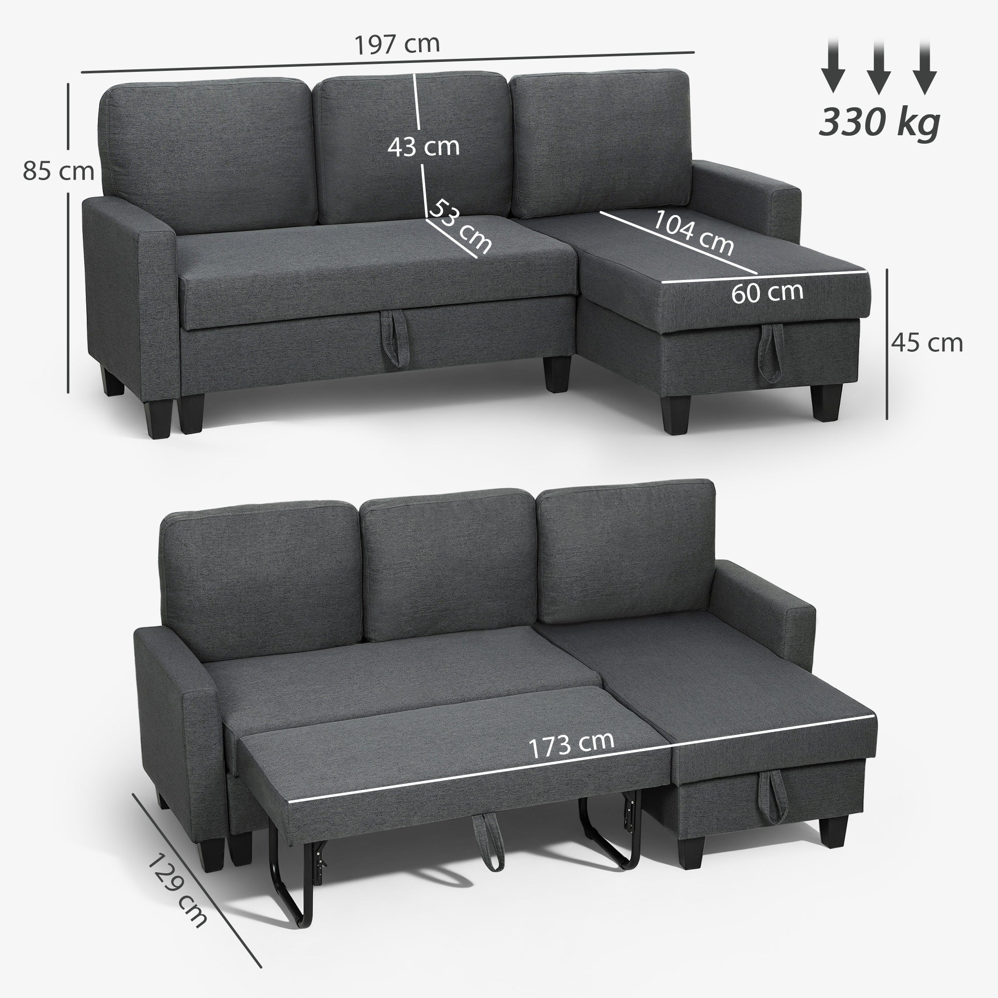 Linen Fabric 3 Seater Sofa Bed 197cm Wide With Storage - Velmora