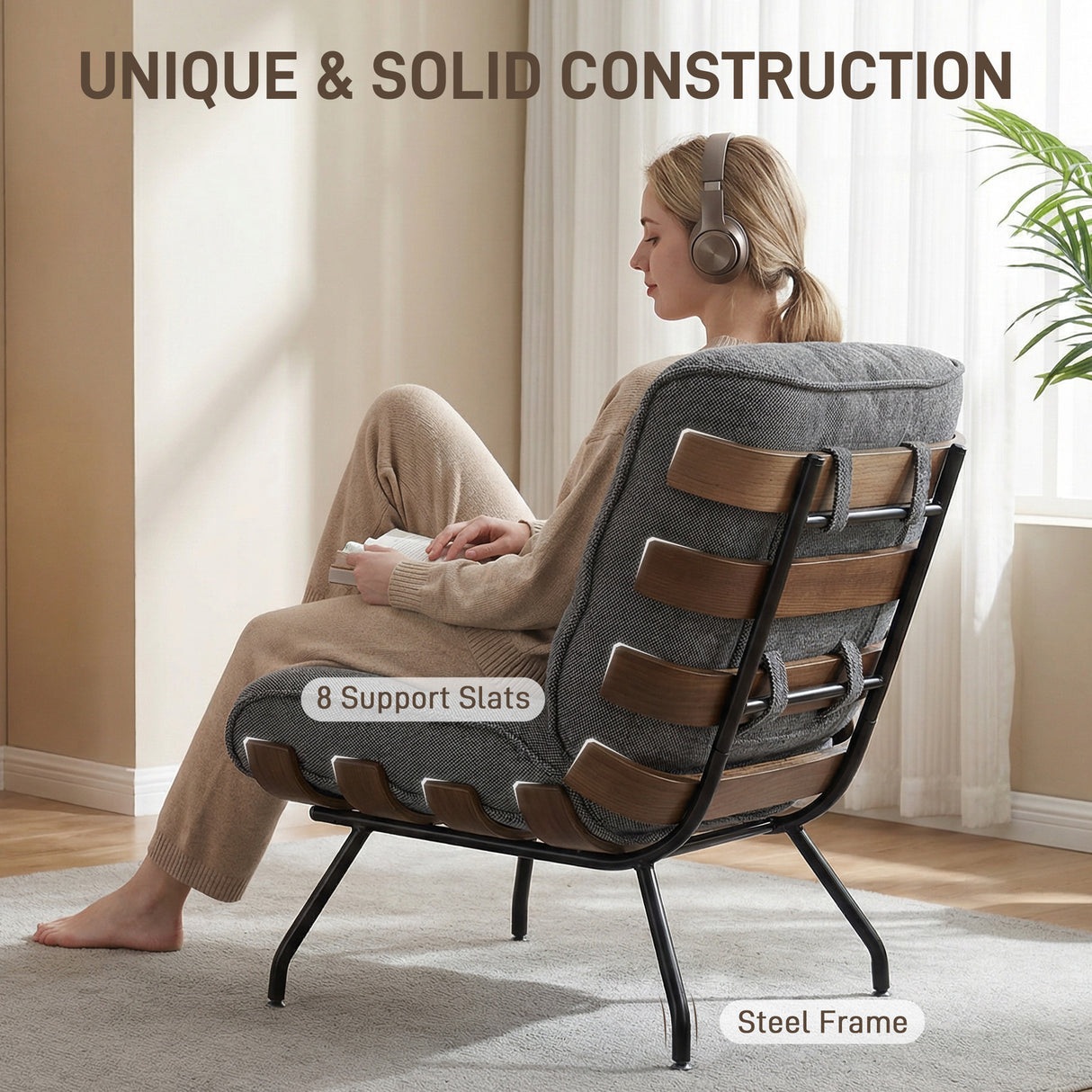 Linen Fabric Accent Chair 62.5cm Wide With Steel Legs - Velmora