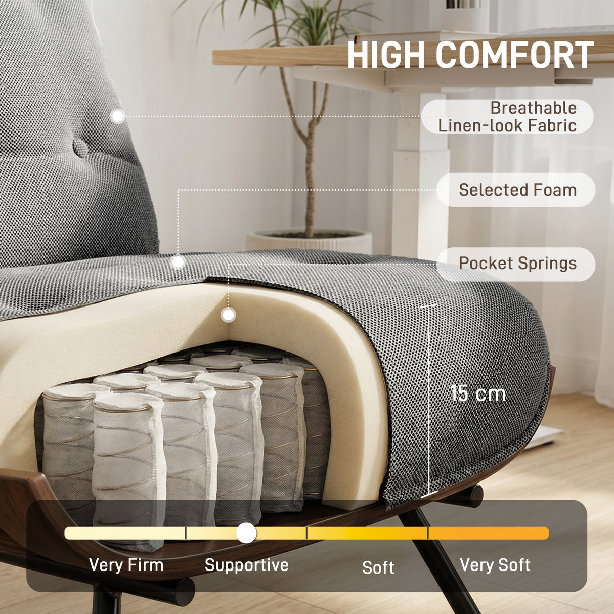 Linen Fabric Accent Chair 62.5cm Wide With Steel Legs - Velmora