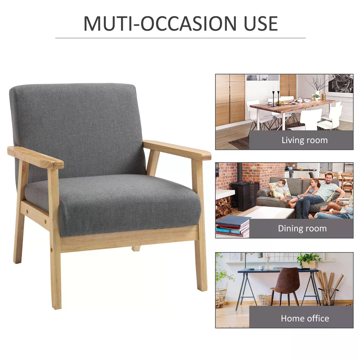 Linen Fabric Accent Chair 64cm Wide With Wooden Frame - Velmora