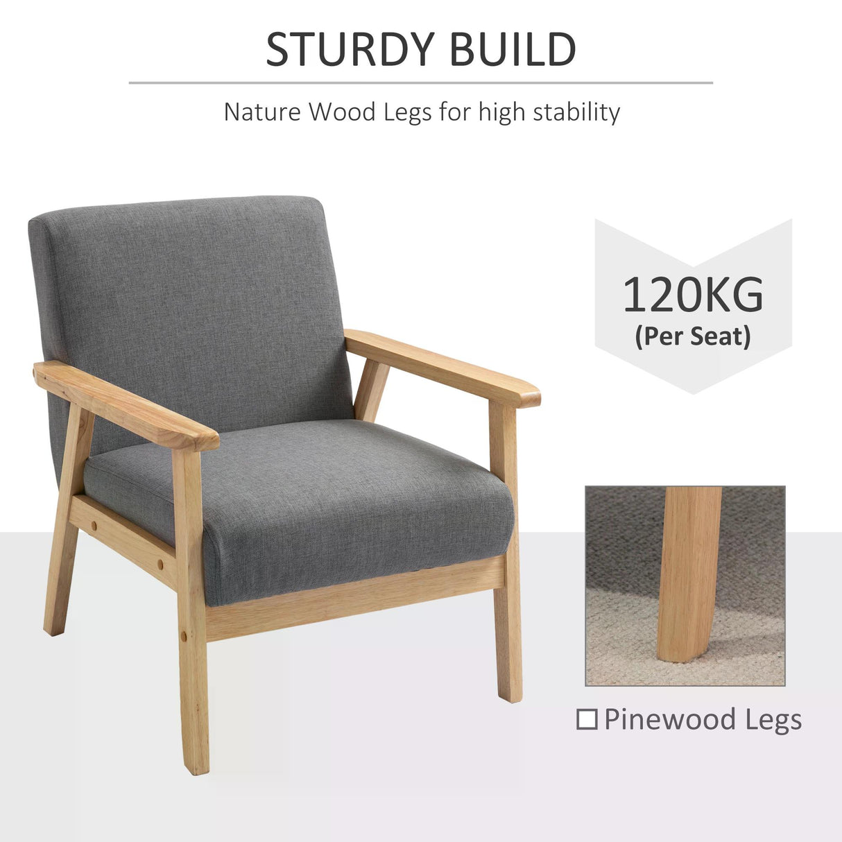 Linen Fabric Accent Chair 64cm Wide With Wooden Frame - Velmora