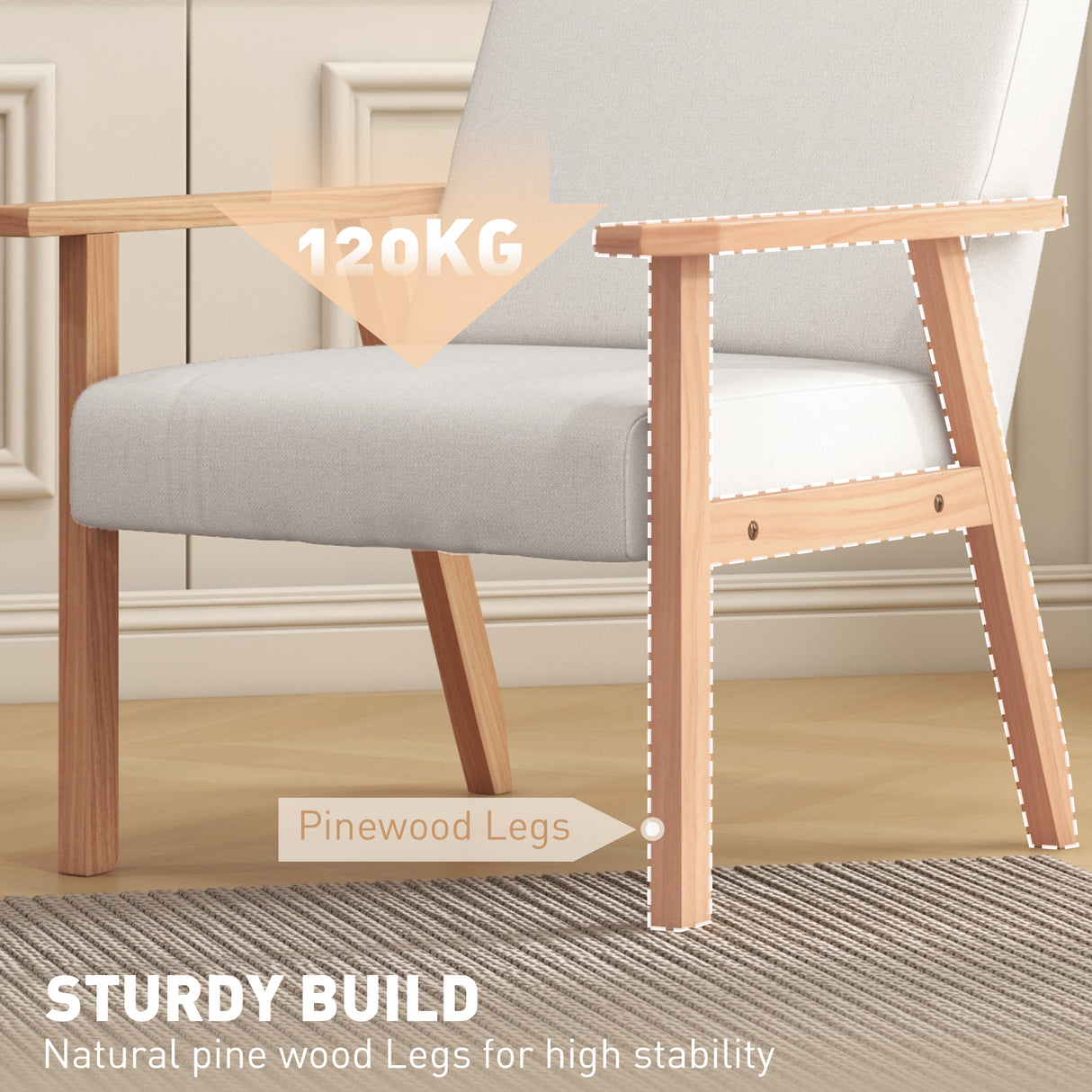Linen Fabric Accent Chair 64cm Wide With Wooden Frame - Velmora